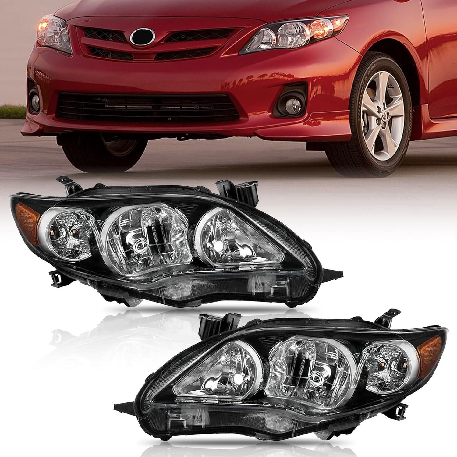 YLT AUTO Headlights Replacement Kit for 2011-2013 Toyota Corolla, Black Housing Headlight Headlamps Clear Lens Fit for 2011 2012 2013 Toyota Corolla S Le Ce Xle Xrs(Passenger&Driver Side)