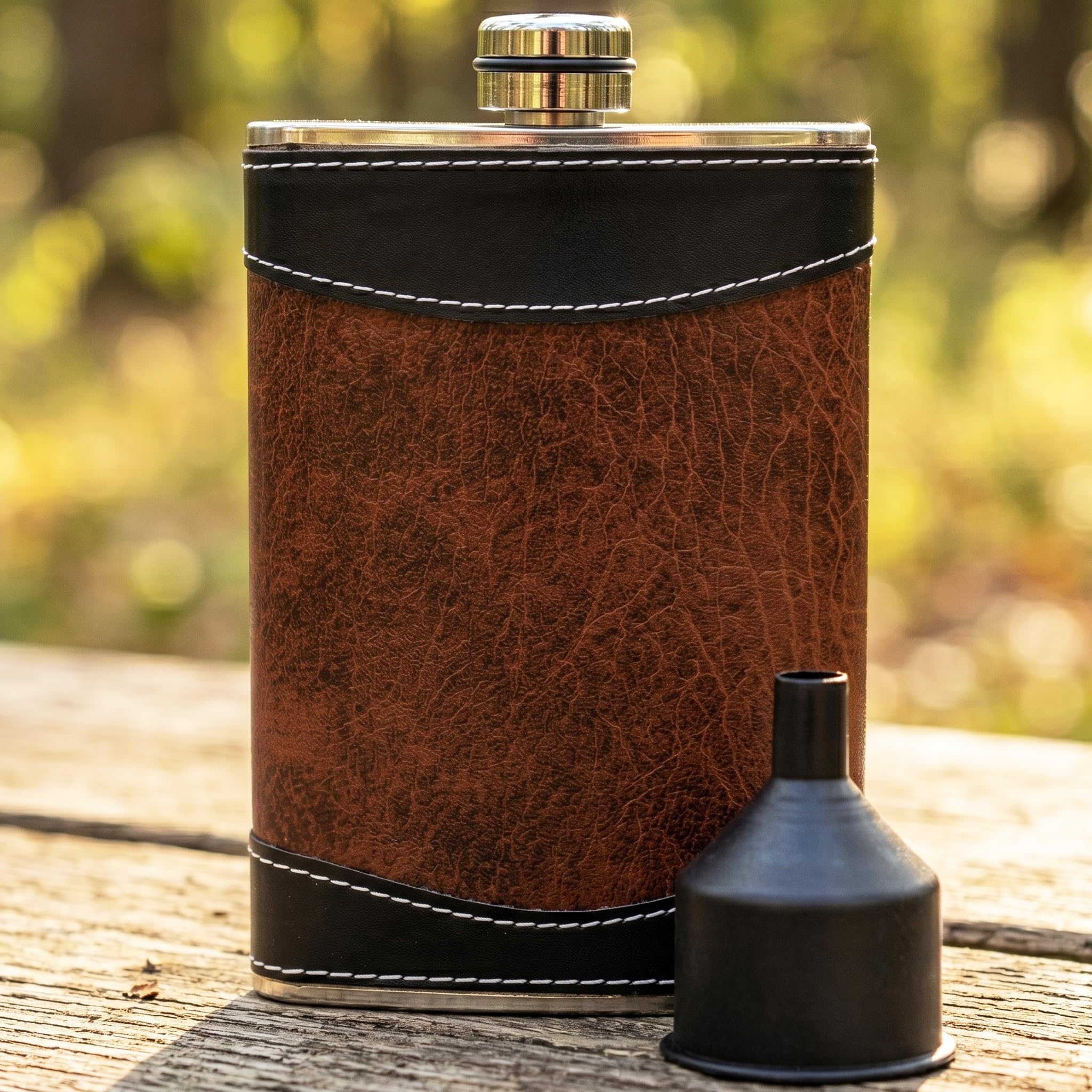 Flasks for liquor for Men, 8oz Heavy Duty Hip Flask with Funnel, Black and Brown, Gift boxed
