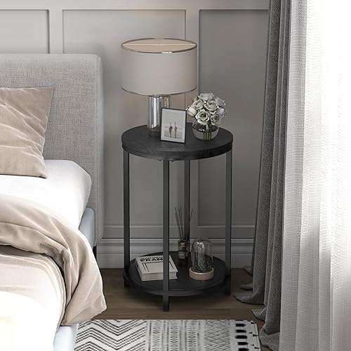 Miniatura 14 de NSdirect Juego de 2 mesas auxiliares redondas de madera rústica de 16 pulgadas con superficie superior y patas de metal resistentes para sala de