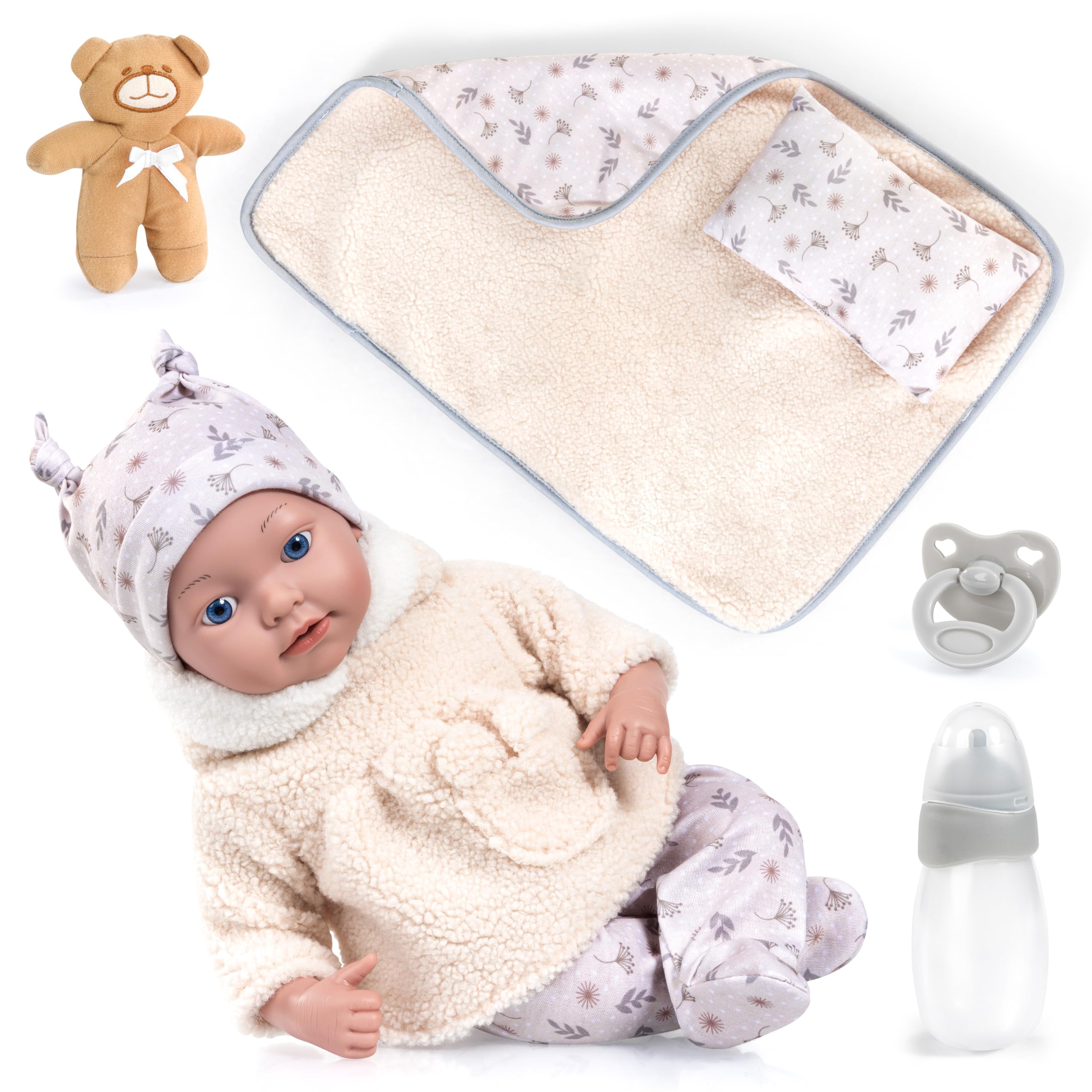 Bayer Design Poupée 38 cm, tétine, biberon, Oreiller, Couverture, Peluche
