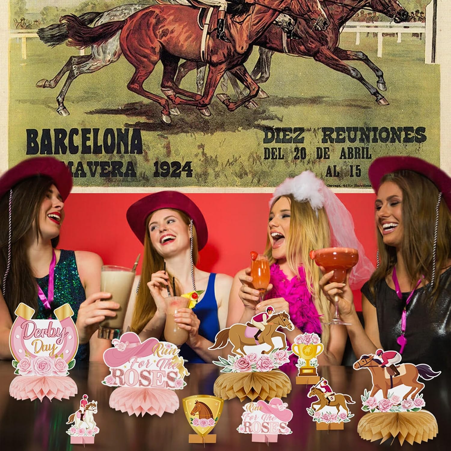 ANGOLIO 12Pcs Pink Derby Day Party Honeycomb Centerpieces Horsing Racing Decorations Run for The Red Roses Horsing Racing Honeycomb Table Centerpieces Decorations Birthday Derby Party Supplies