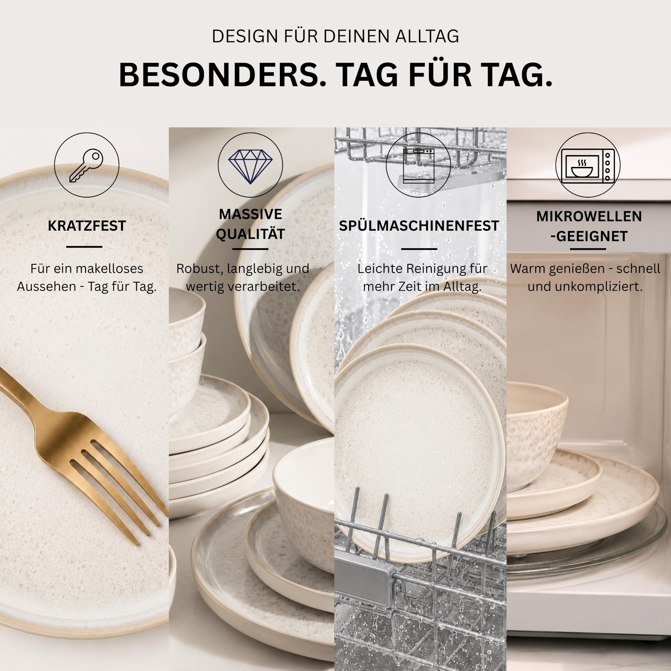 SÄNGER Key West | Steingut Geschirr Set 24 tlg, Teller Set 6 Personen, 6x Speiseteller, Müslischalen, Dessertteller, Pastaschalen, Tafelservice Creme Farben mit Sandiger Maserung | VALUE COLLECTION