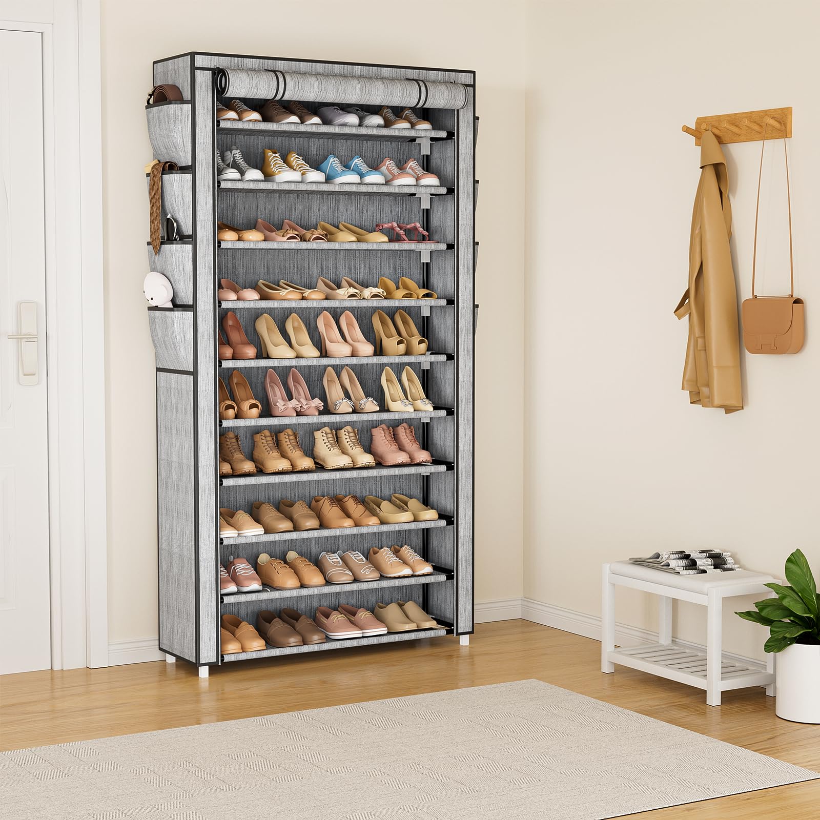 Condition photo showing New/Like New for vtrin tall shoe rack with cover, 10 tier shoe organizer storage for 50-55 pairs shoes and boots large capacity shoe shelf with 8 pockets free standing shoe rack for closet, entryway, garage, printing