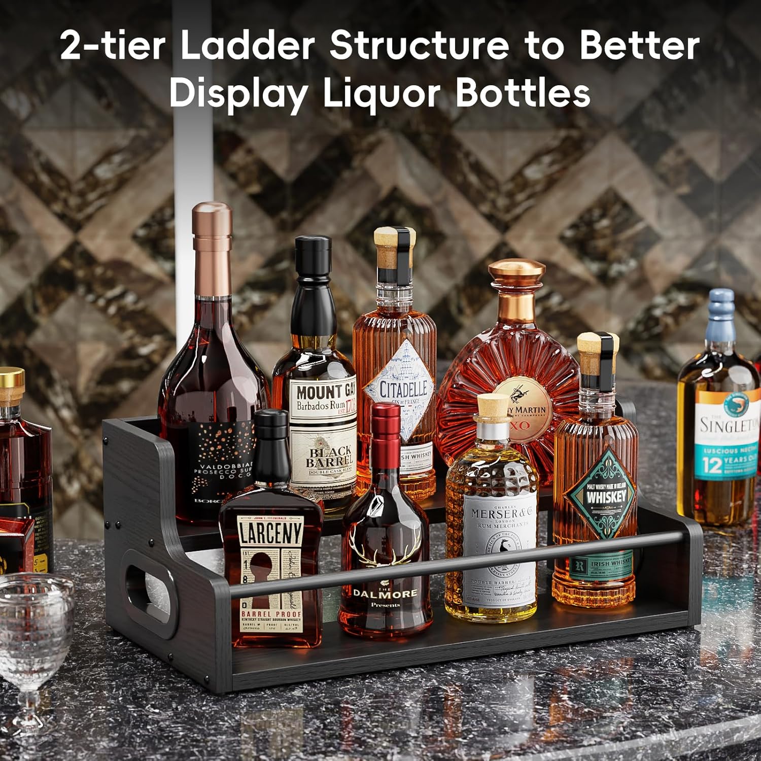 KLM Liquor Bottle Display Shelf, Coffee Syrup Rack Organizer, 2 Step Countertop Liquor Wine Rack, Mini bar,Liquor Cabinet, Home Retro Bar Shelf Stand for Liquor Whiskey, Spirits, (Black)