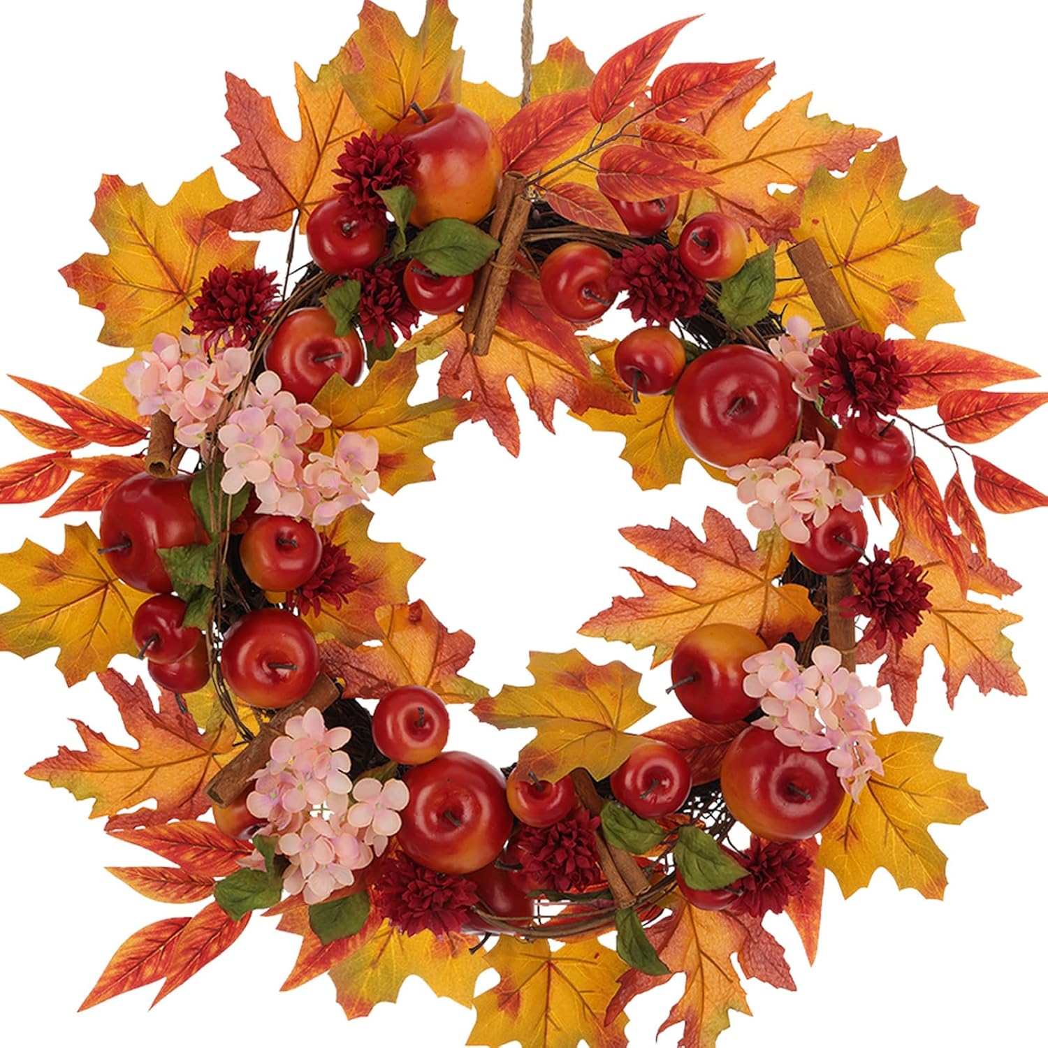 Fall Wreaths for Front Door, Artificial Apple Autumn Wreath, Maple Leaves Dahlia Hydrangea for Harvest Thanksgiving Indoor Outdoor Outside Decorations, 24 Inches Apple Spice Foliage