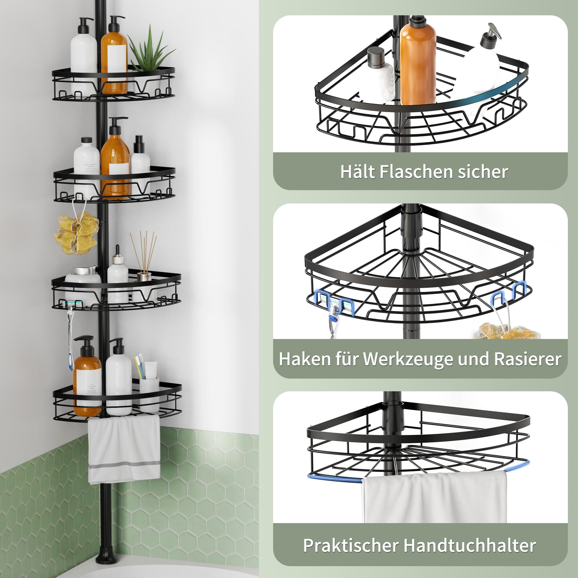 KEGII Teleskop Duschregal - 4 Tier Duschregal Ohne Bohren Teleskopregal Ecke Shampoo Halterung für Dusche(63,5-290 CM, Schwarz)