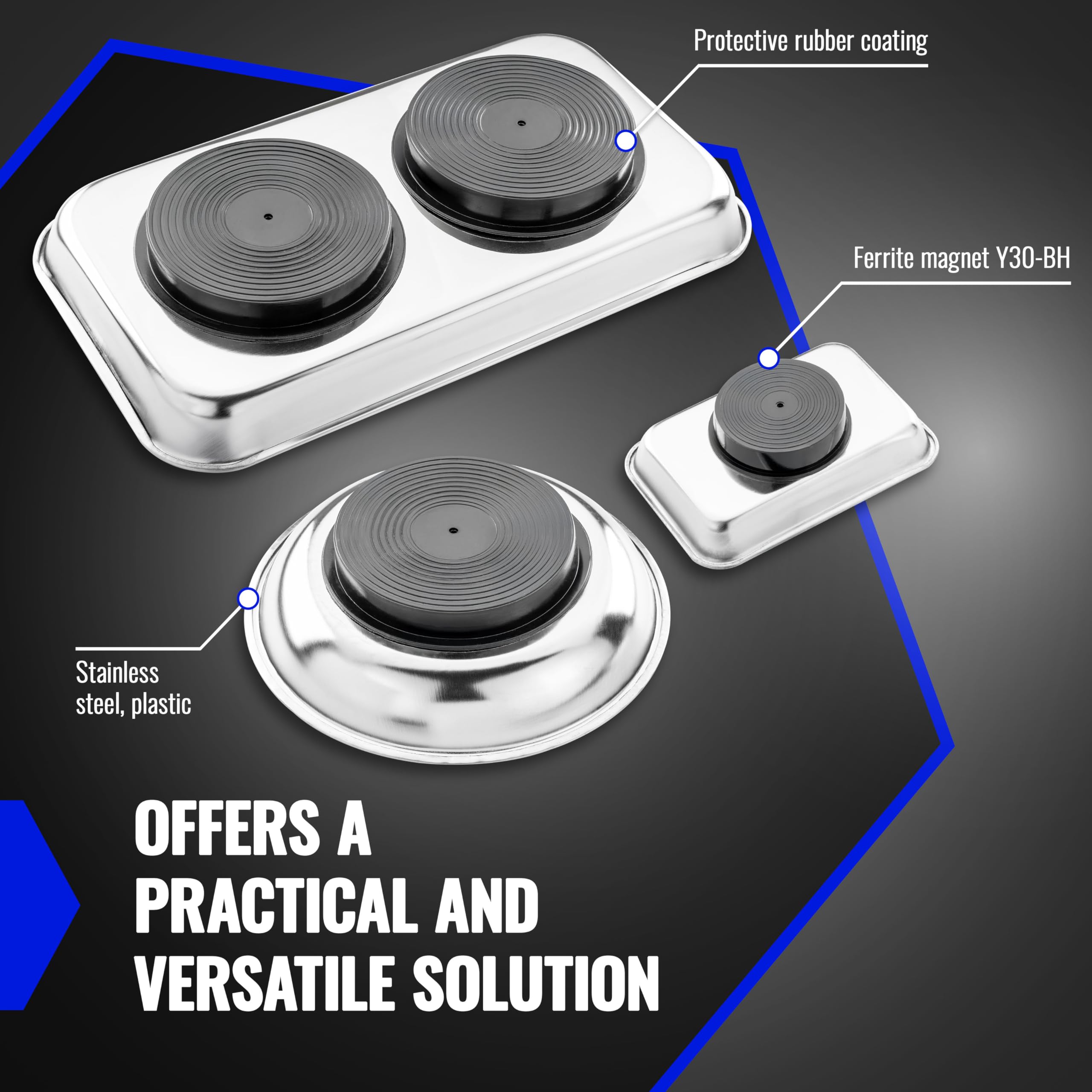 Poppstar Magnetic Bowl Set (3-Piece): Rectangular 24 x 14cm + Rectangular 9.3 x 6.4cm + Round diameter 15cm, Material: Stainless Steel - Image 3