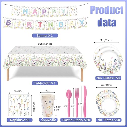 Miniatura 2 de 353 piezas de decoraciones de fiesta de flores silvestres para 50 invitados, juegos de platos y servilletas florales de primavera, suministros que