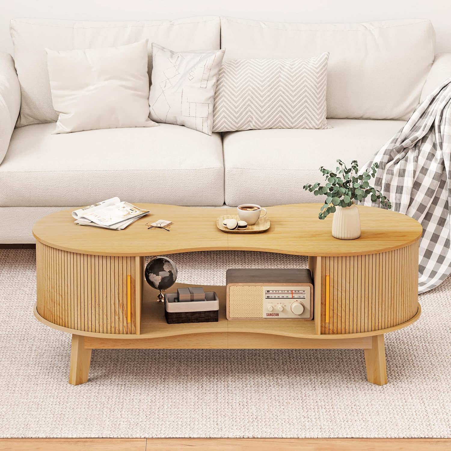 Homiflex Dual Oval Mid-Century Modern Coffee Table with Sliding Tambour Door Storage, Open Shelves - Natural Living Room Table