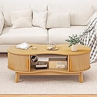 Homiflex Dual Oval Mid-Century Modern Coffee Table with Sliding Tambour Door Storage, Open Shelves - Natural Living Room Table
