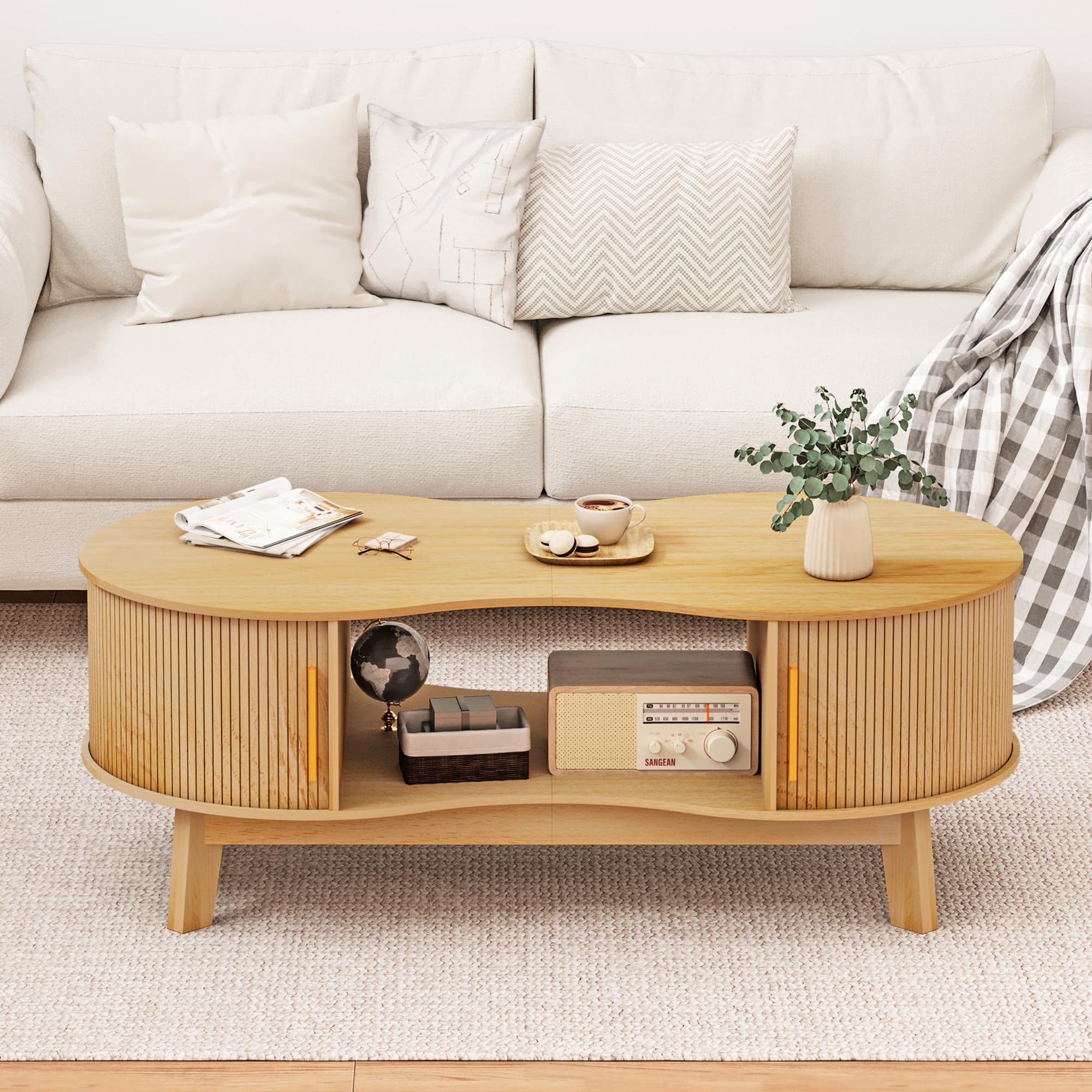 Coffee Table Dual Oval Coffee Table with with Storage Cabinet and Sliding Tambour Door 2-Tier Open Storage Shelf