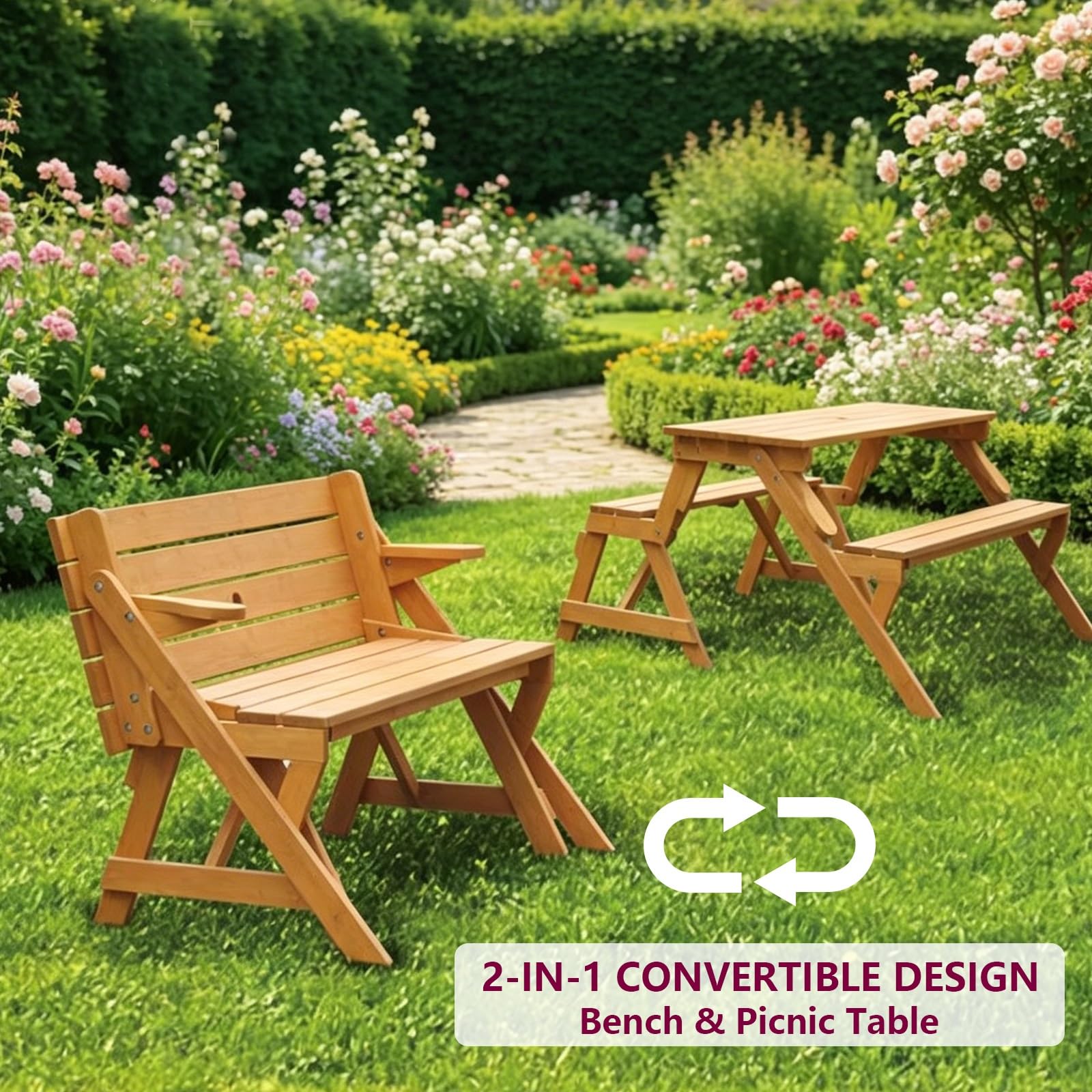 Mesa de picnic convertible de madera maciza, mueble transformable 2 en 1 con agujero para sombrilla para patio, jardín