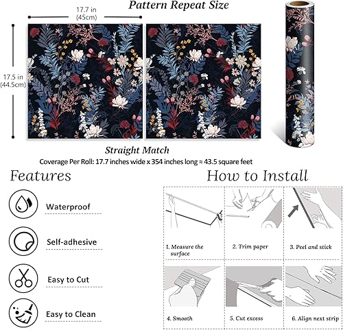 Miniatura 8 de VEELIKE Papel tapiz floral de flores silvestres oscuras para despegar y pegar, papel tapiz floral negro de 17.7 x 354 pulgadas, papel de contacto