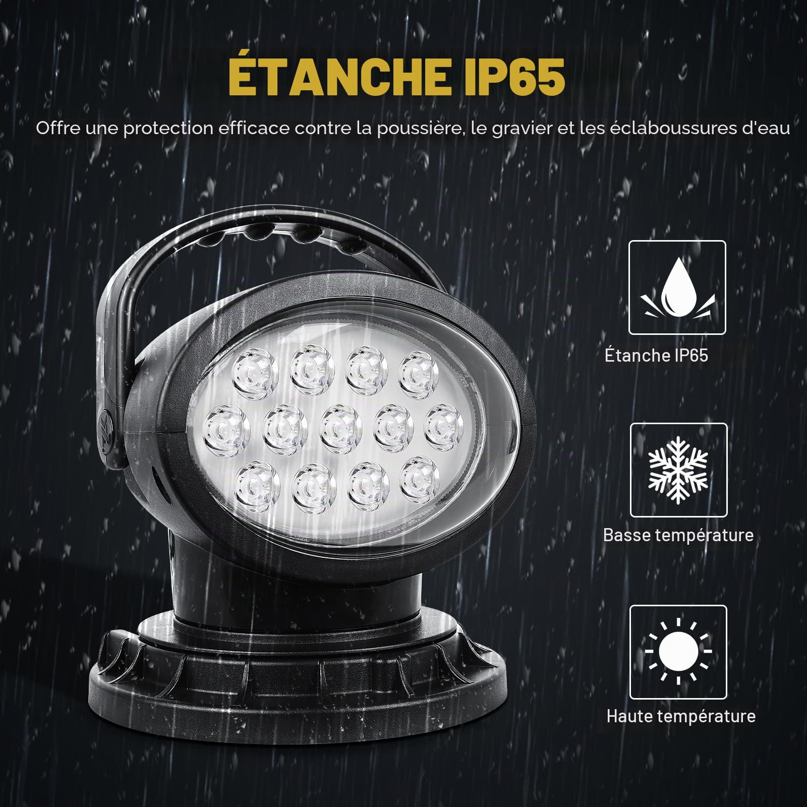 50W Projecteur LED Télécommandé, Lampe de Travail LED Rotative 360° | Mode Strobe, Aimants Puissants Intégrés, Luminosité Réglable, Projecteur 12V 24V pour Camions Bateaux Chasse