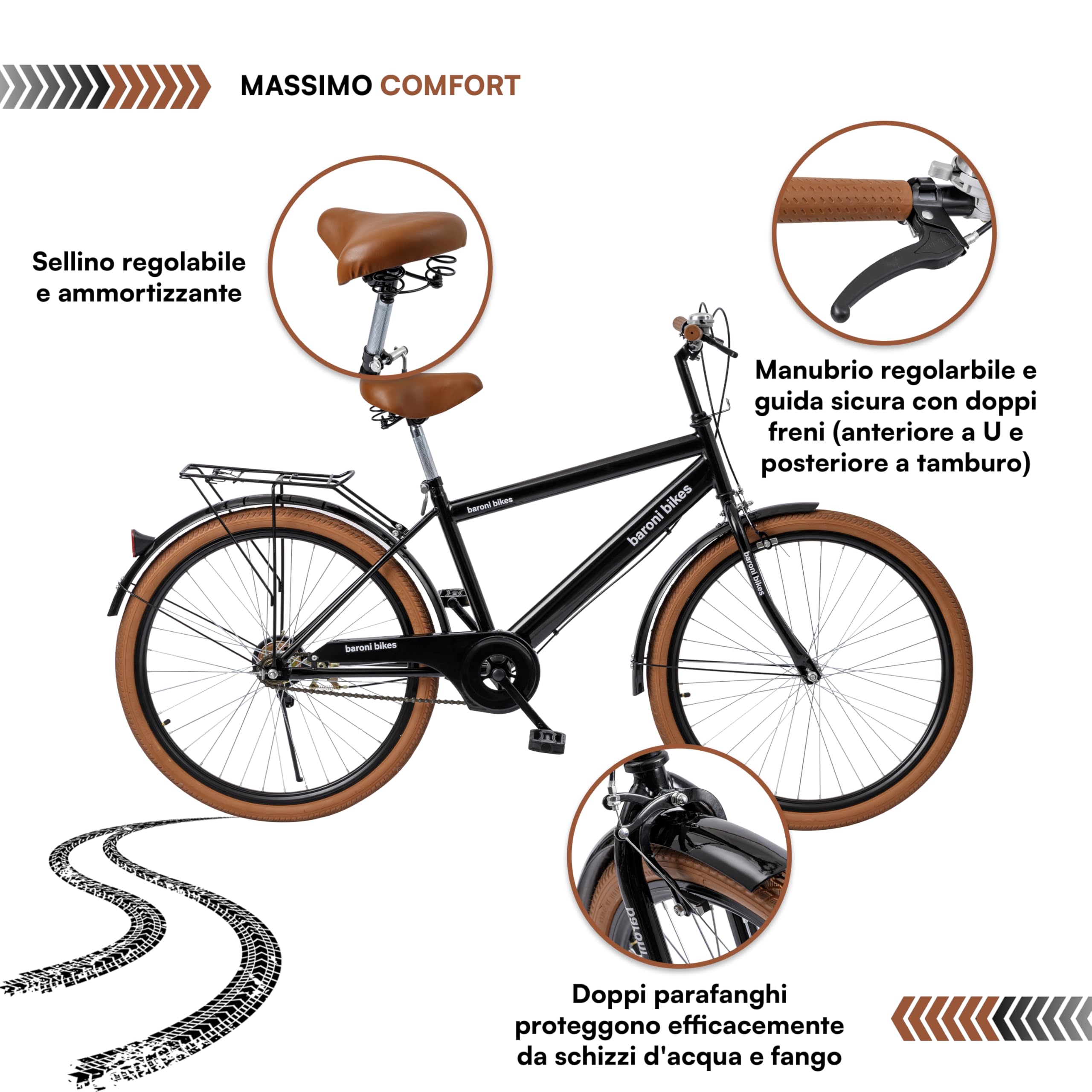 Baroni Home Bicicletta da Passeggio da Uomo e Donna, con Campanello, Manubrio e Sellino Regolabile, Bici con Doppio Freno Anteriore e Posteriore, City Bike, Nero e Marrone, 168x90 cm