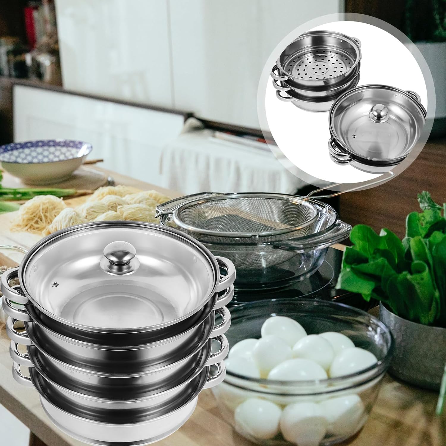 FUOYLOO Stainless Steel Steamer Pot Lid, Compact Space-Saving Design, Versatile Steaming and Boiling Cookware ()
