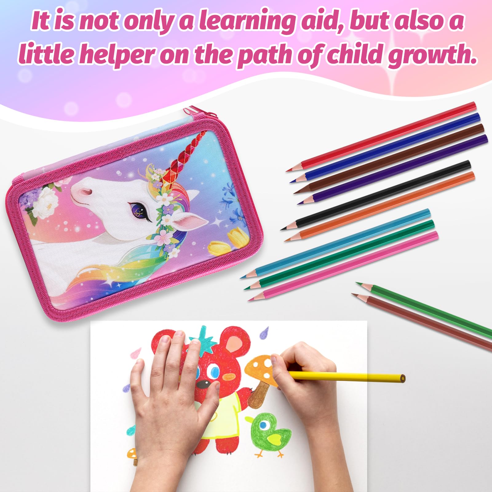 44 Teilen Federmäppchen Einheorne Set Einhorn Federmäppchen 3 Fächer Große Kapazität Mäppchen Mädchen mit Lineal,Wasserfarben,Federtasche Geschenk für Schule Kinder