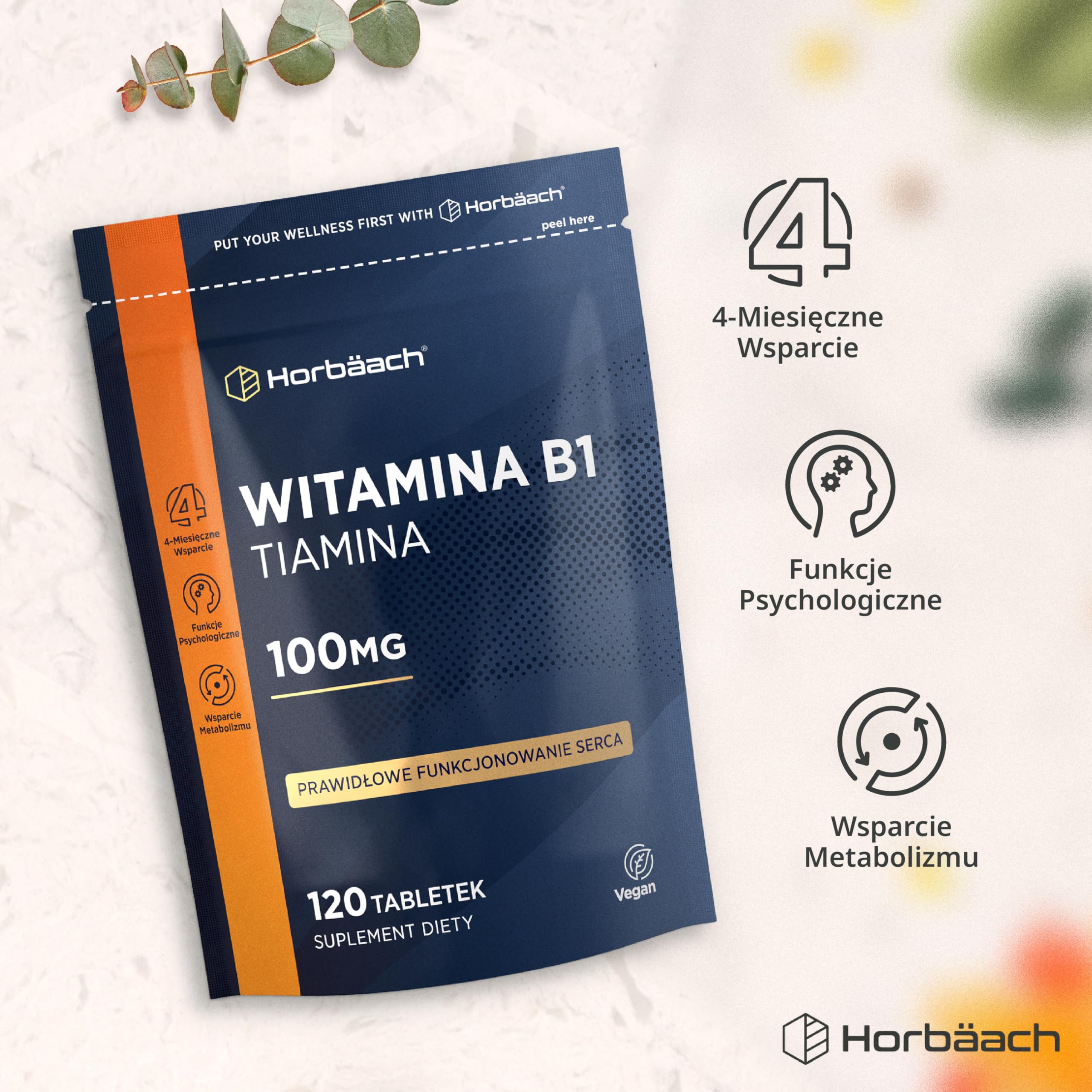 Witamina B1 (Tiamina) 100mg Tabletki | 120 Sztuk (Zapas Na 4 miesiące) | Witamina B1 Wysokiej Mocy | Suplement Odpowiedni Dla Wegan i Wegetarian | Firma Horbaach