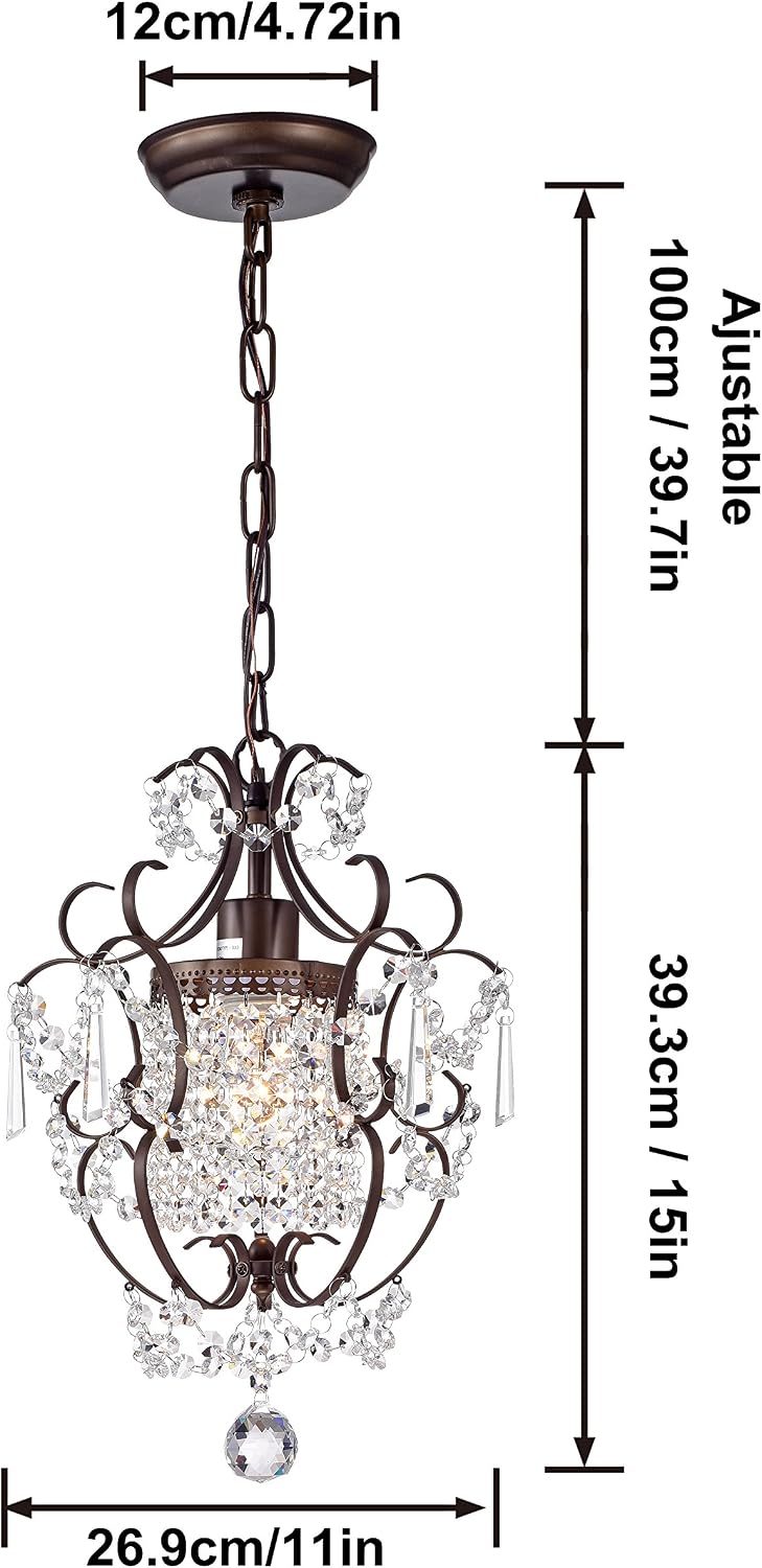 PAPAYA Crystal Chandelier Lighting Bronze Chandeliers D11``*H15.8`` with 39.4-Inch Adjustable 1 Light Modern Iron Ceiling Light Fixture Mini Pendant Lights for Girls Room Bedroom Nursery