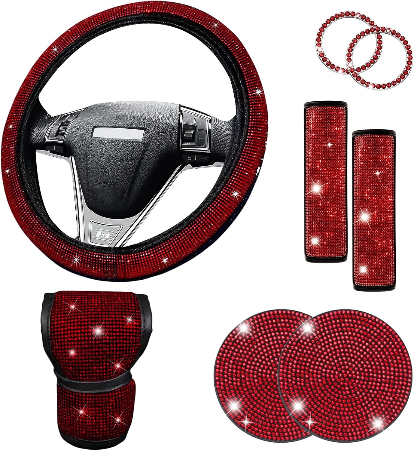 8 PCS Bling Car Accessories Set for Women, 15 Inch Steering Wheel Cover, Bling Shift Protector, Sparkly Seat Belt Covers, Car Cup Coasters, Cute Auto Interior Decor Set (Silver Diamond)