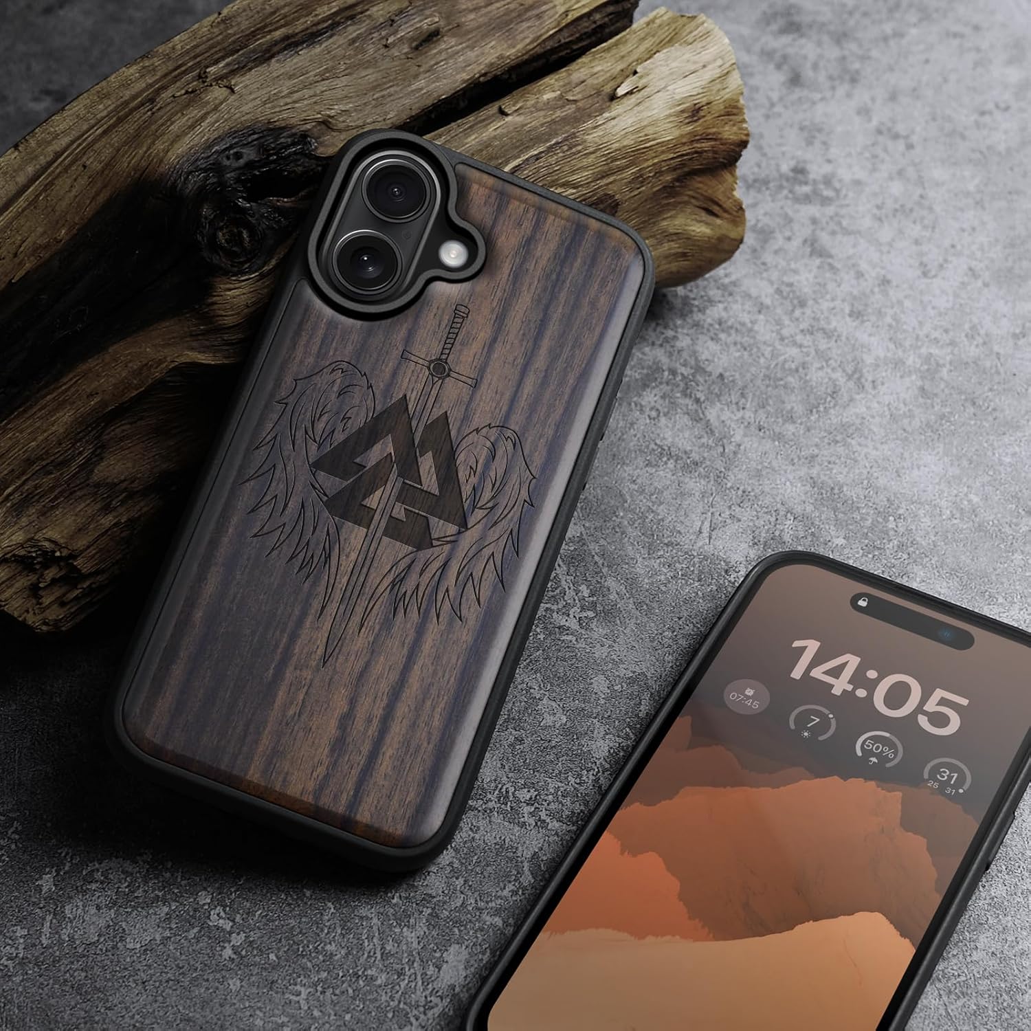 Carveit Magnetic Wooden Case for iPhone 16 Case, Wood Artisan Engraved & Black Soft TPU Shockproof Cover, Compatible with MagSafe Wireless Chargers (Valknut and Sword) Blackwood