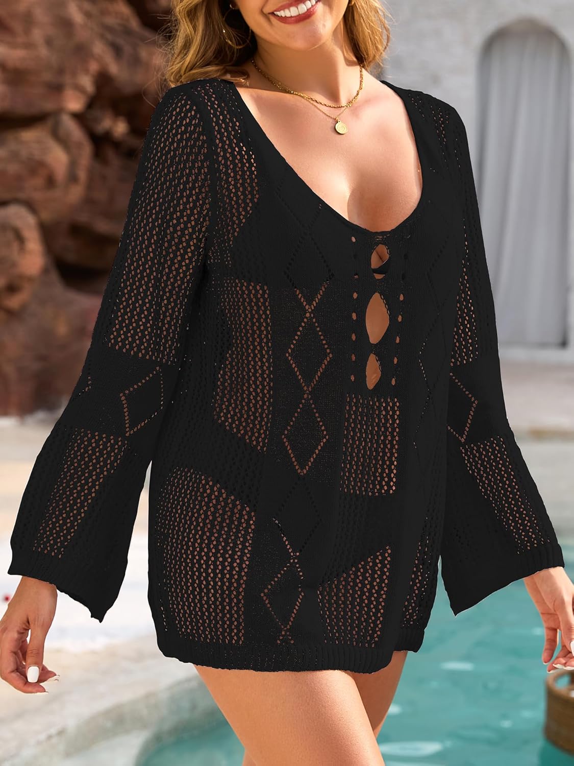 Womens Summer Crochet Swimsuit Coverup Sexy Crew Neck Long Sleeve Mesh Knit Bikini Cover Ups Beach Dresses 2026