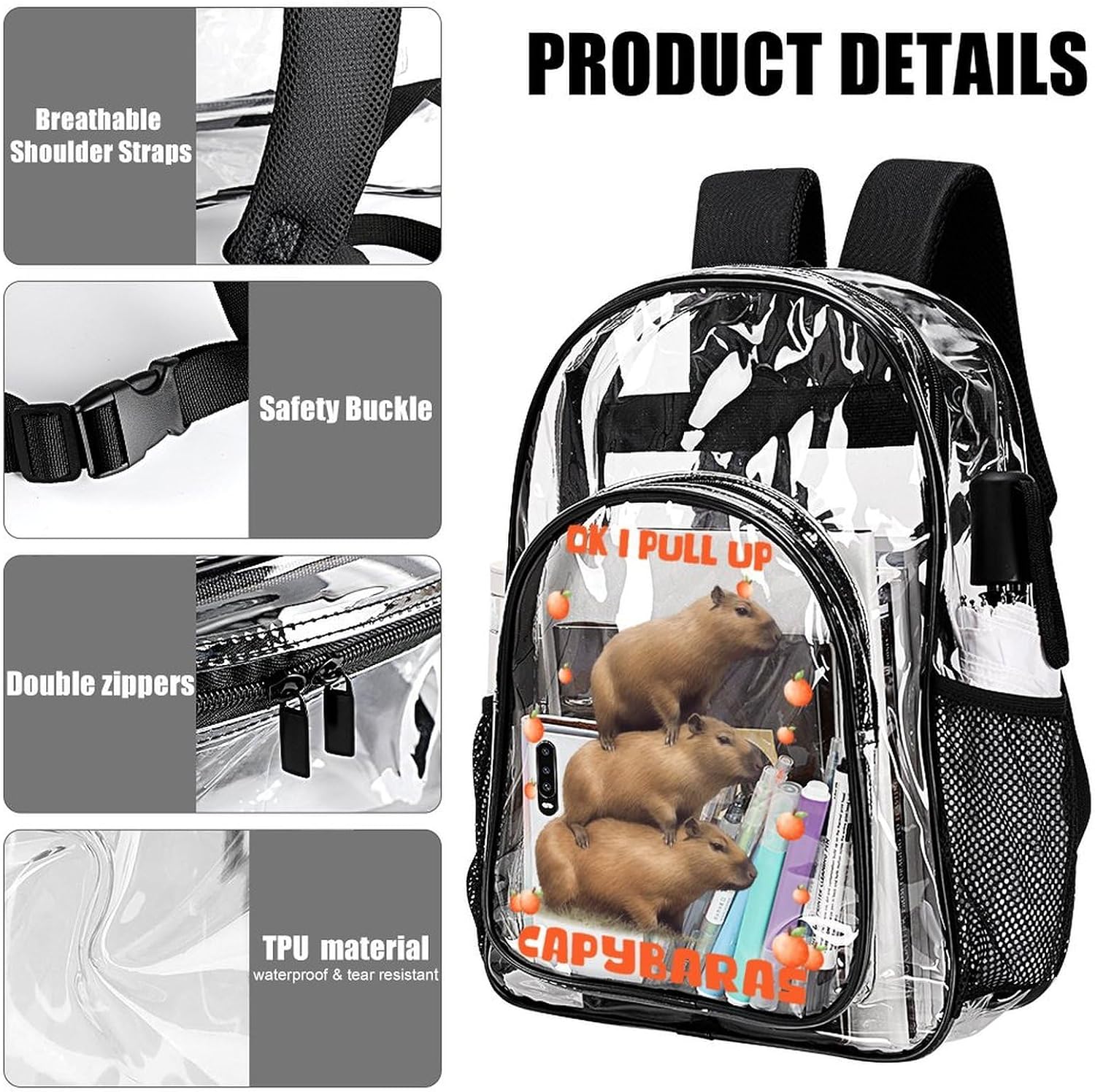 Capybara Clear Backpack Heavy Duty for Girls Kids Boys Women Men - Large Cute PVC Capybaras Theme Printing Transparent Backpacks for Schools Stadium Concerts Work - Clear/Black