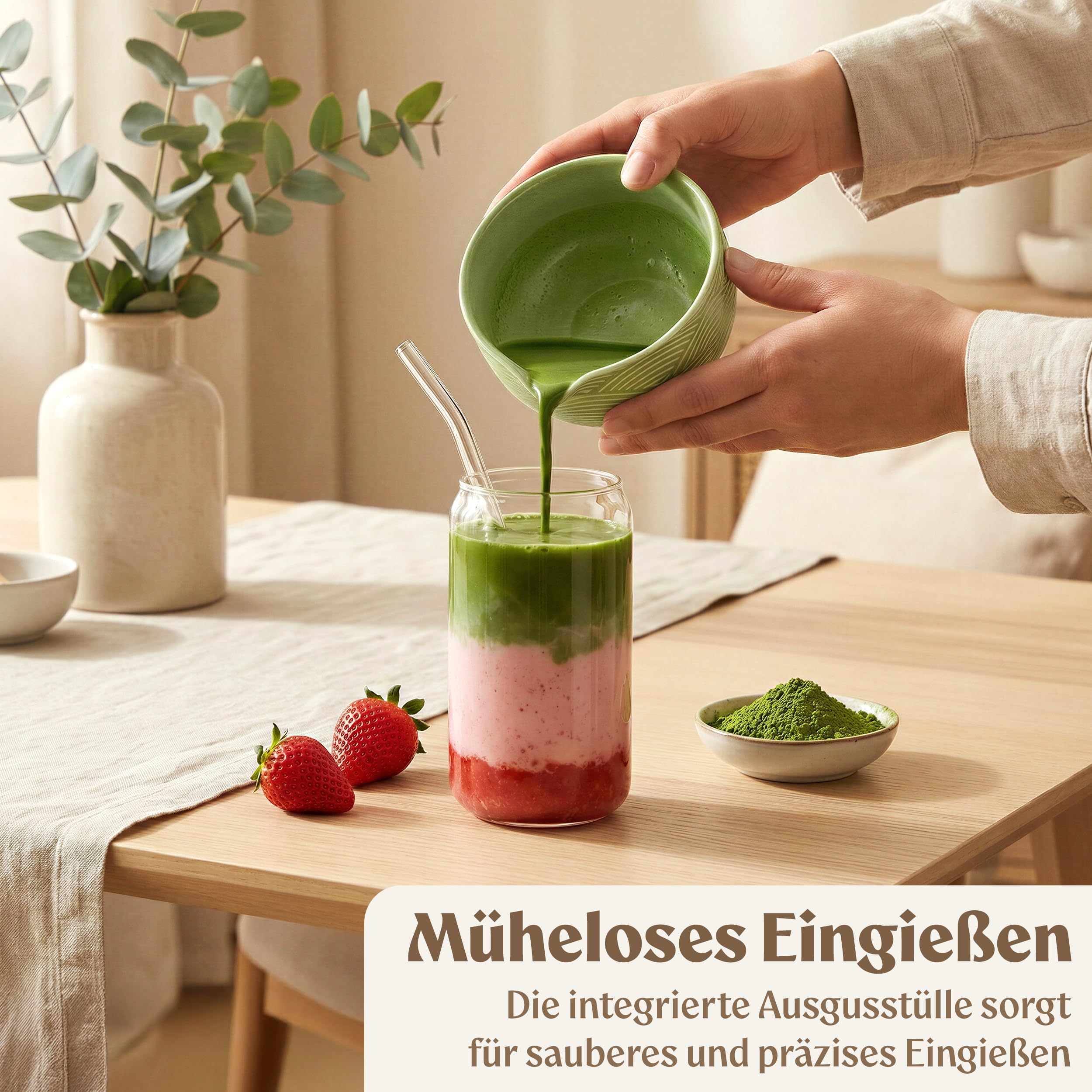 EDELHAUS Matcha Set (7 Teilig) Matcha Schale mit Besen, Sieb, Löffel - Einzigartiges Design Ceremonial Grade Matcha Tee Set (Grün)