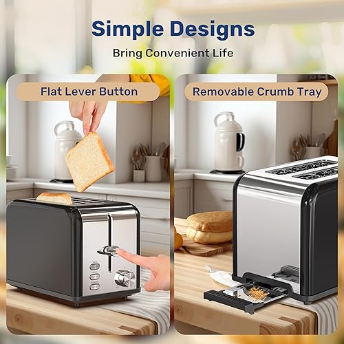 Miniatura 4 de YSSOA Tostadora de acero inoxidable de 2 rebanadas, 6 ajustes de tostado y 3 funciones, ranura extra ancha y bandeja extraíble para migas, para pan