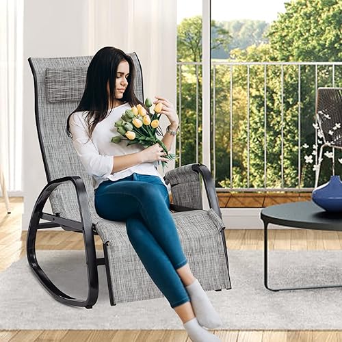 Kinfant Rocking Chair Outdoor Recliner - Patio Lounge Chair Textilene Folding Lounge Rocker with Removable Headrest, for Lawn Patio Pool Garden