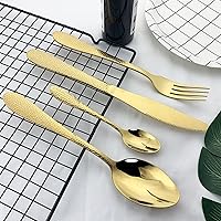Vista 2 de JASHII Juego de cubiertos de acero inoxidable martillado de 16 piezas, utensilios de cocina para 4 personas, moderno juego de cubiertos pulido