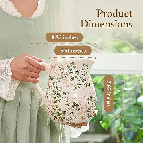 Miniatura 2 de Jarrón floral de cerámica verde y blanco con asa, jarrón rústico de granja, florero floral chinoiserie para decoración del hogar, sala de estar,