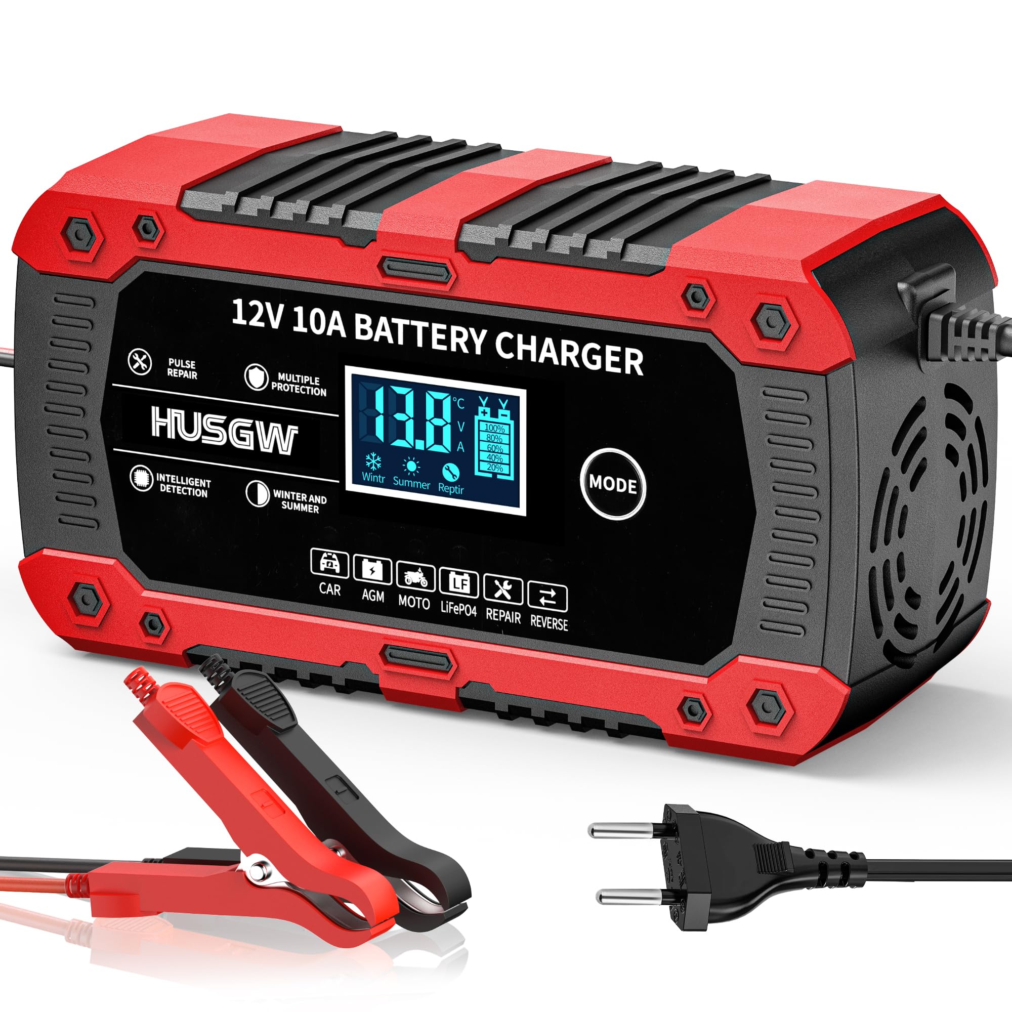10A 12V Caricabatteria da Auto, Multi Protezioni Mantenitore Batteria Moto, Intelligente Carica Batteria Portatile con Schermo LCD per Moto, Auto, Batteria AGM, Barche (10A)