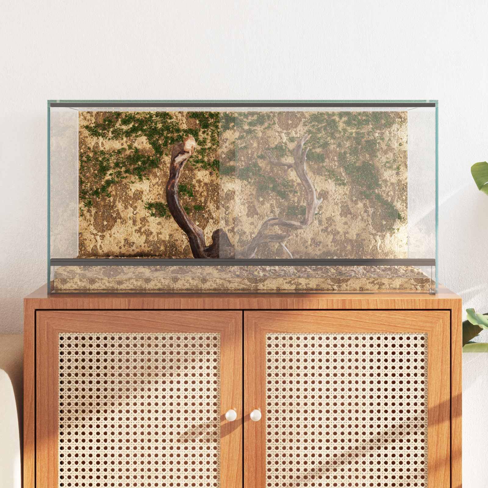 Terrarium ze szkła przezroczystego 80 x 40 x 40 cm, obudowa dla gadów i płazów z widokiem 360 stopni, Vivarium z drzwiami przesuwnymi i oddychającymi panelami z siatki