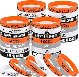 FEPITO 70 Packs Halloween Wristband Silicone Wristbands 7 Classic Halloween Patterns Rubber Band Bracelets
