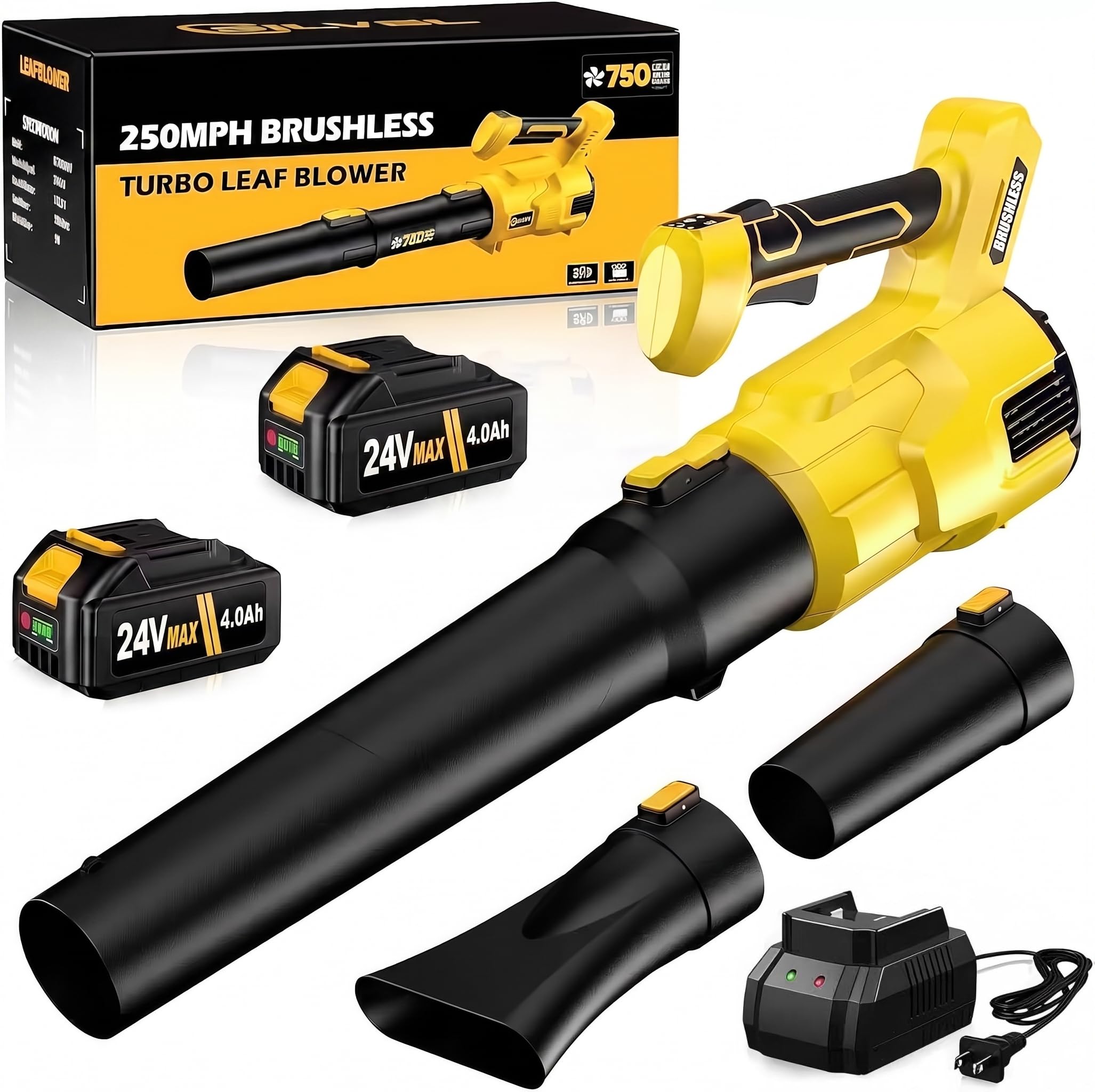 Soplador de batería con 2 baterías 4,0 Ah, 1000 W Motor sin escobillas 3 velocidades Turbo, 22.000 RPM (1020 m³/h), soplador eléctrico con 3 boquillas para jardín, coche, nieve