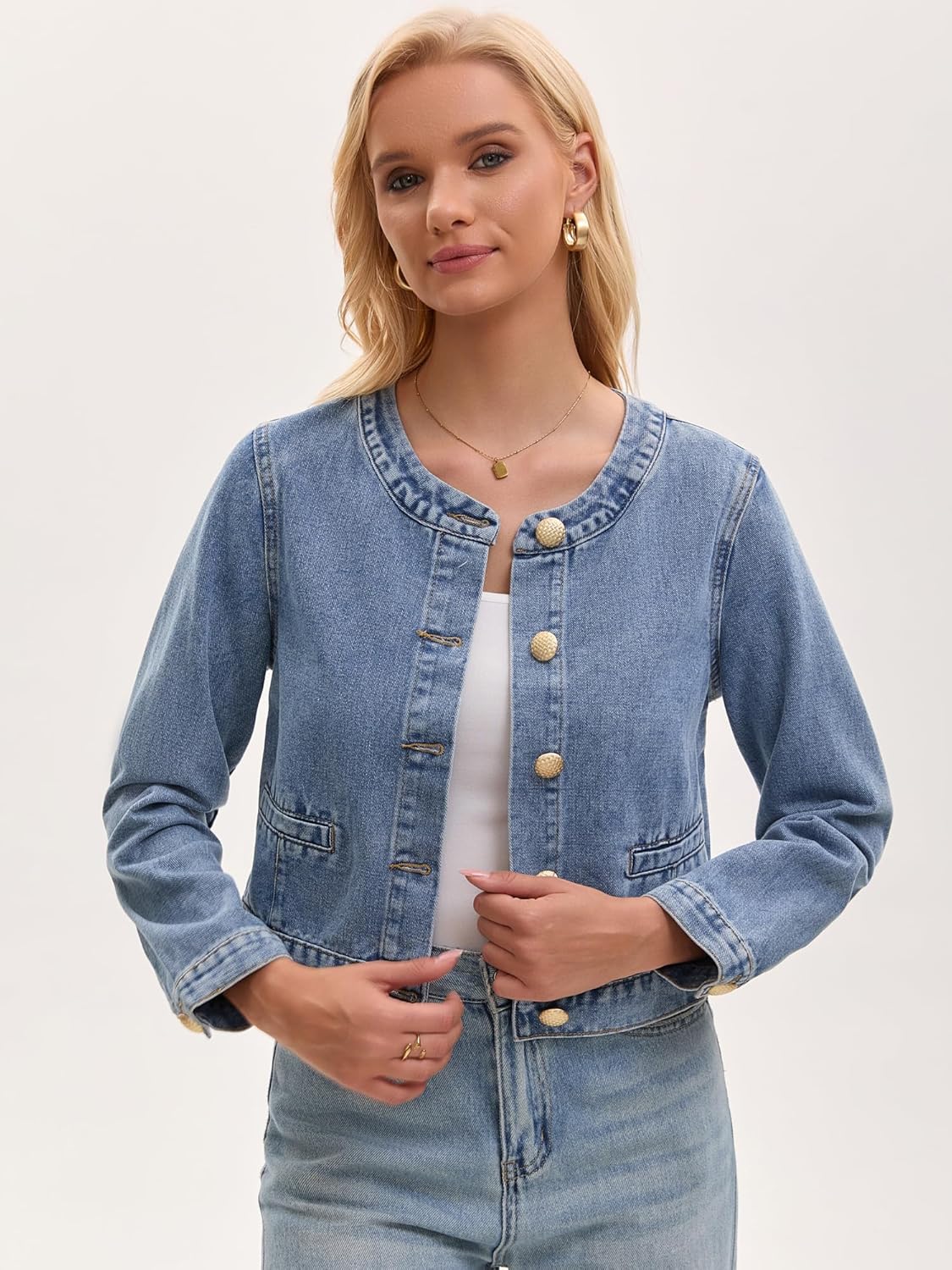 Women's Collarless Denim Jacket Long Sleeve 2026 Button Down Jean Jackets - Image 2