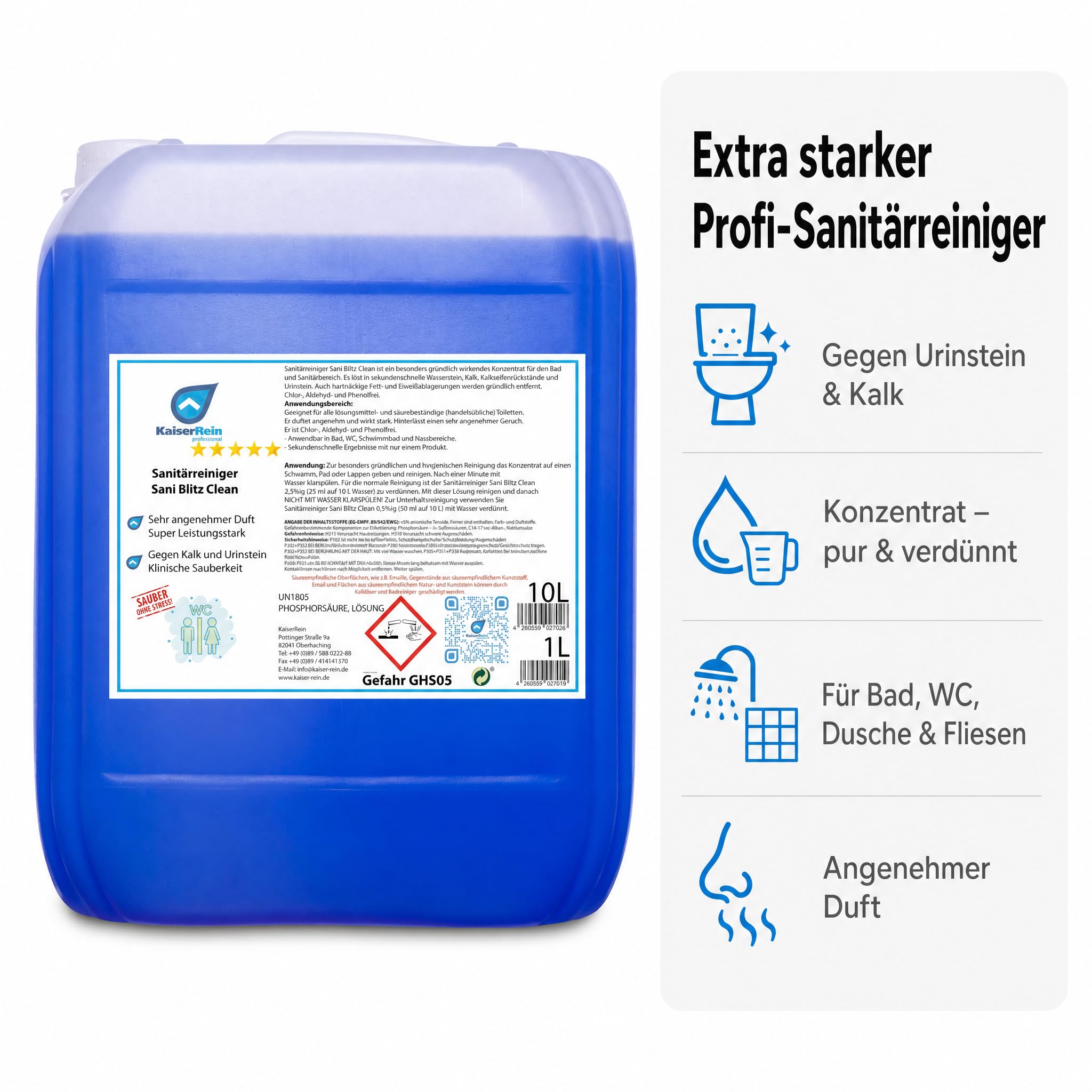 KaiserRein WC Reiniger Sani Blitz Clean, extra starker Profi-Sanitärreiniger & Urinsteinentferner, Konzentrat im 10 L Kanister, löst Kalk, Wasserstein & Kalkseifen, für Bad, Dusche, WC, Fliesen
