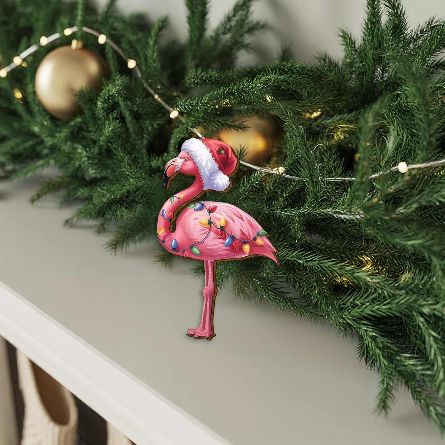 Flamingo Wooden Ornament Christmas 2025 – Funny Santa Hat Gift, Holiday Tree Décor, Tropical House Decoration - Image 7
