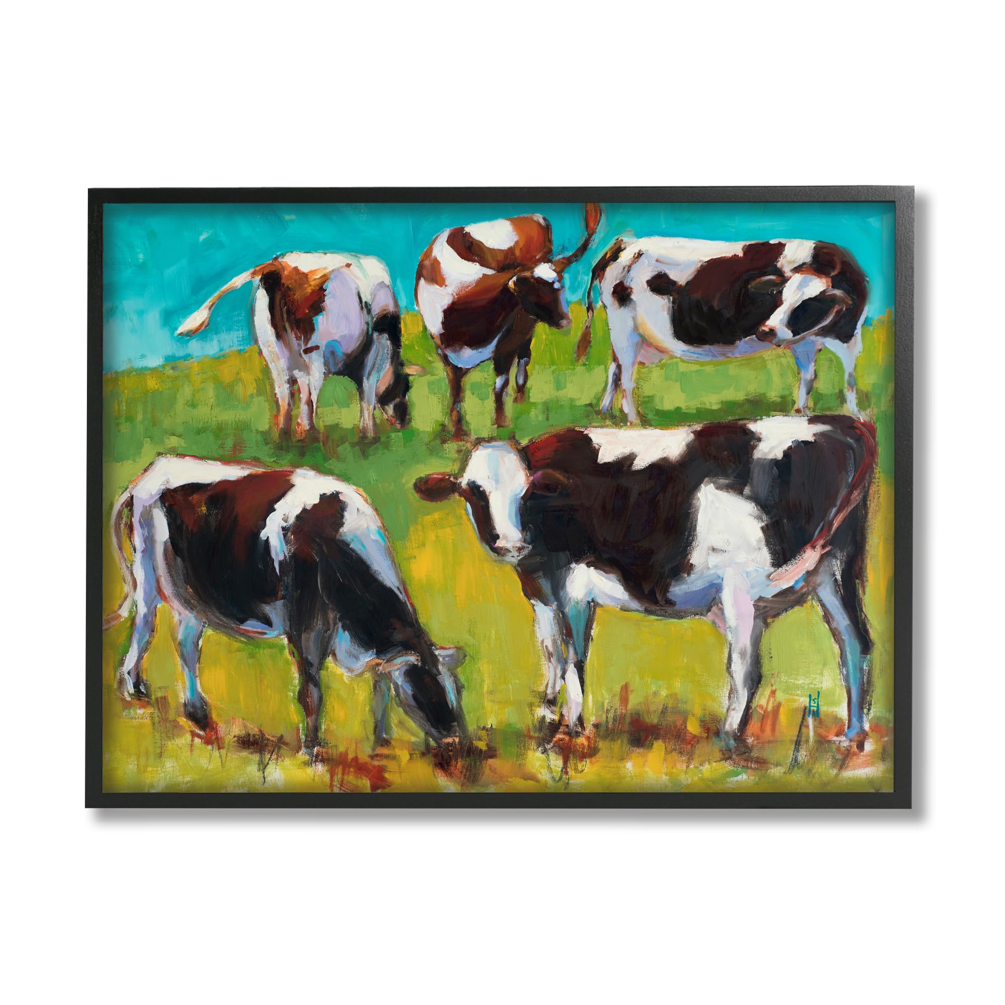 Stupell Industries Cows Grazing Modern Painting Black Framed Giclee Art Design by Sally Hootnick