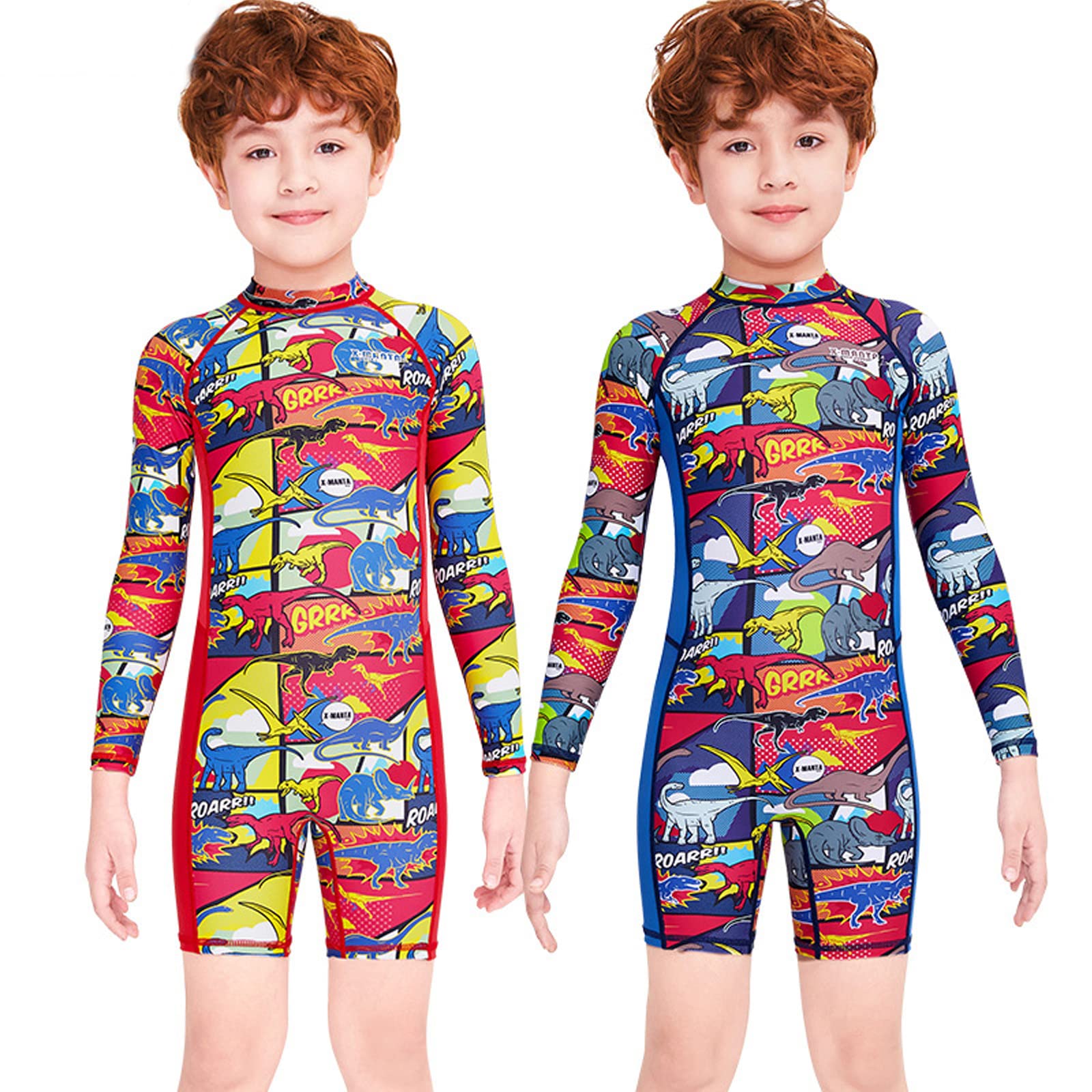 Traje de Neopreno Corto para niños, Trajes de Buceo con Cremallera Trasera de Manga Larga, Traje de baño con protección Solar para niños de 2 a 10 años (Rojo M)