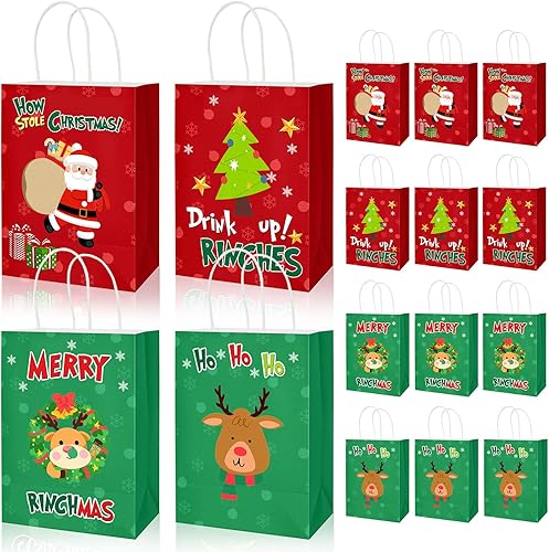 CIOEY 16 bolsas de regalo de papel navideño – Divertido favor de fiesta para decoraciones navideñas, bolsas de golosinas navideñas de dibujos