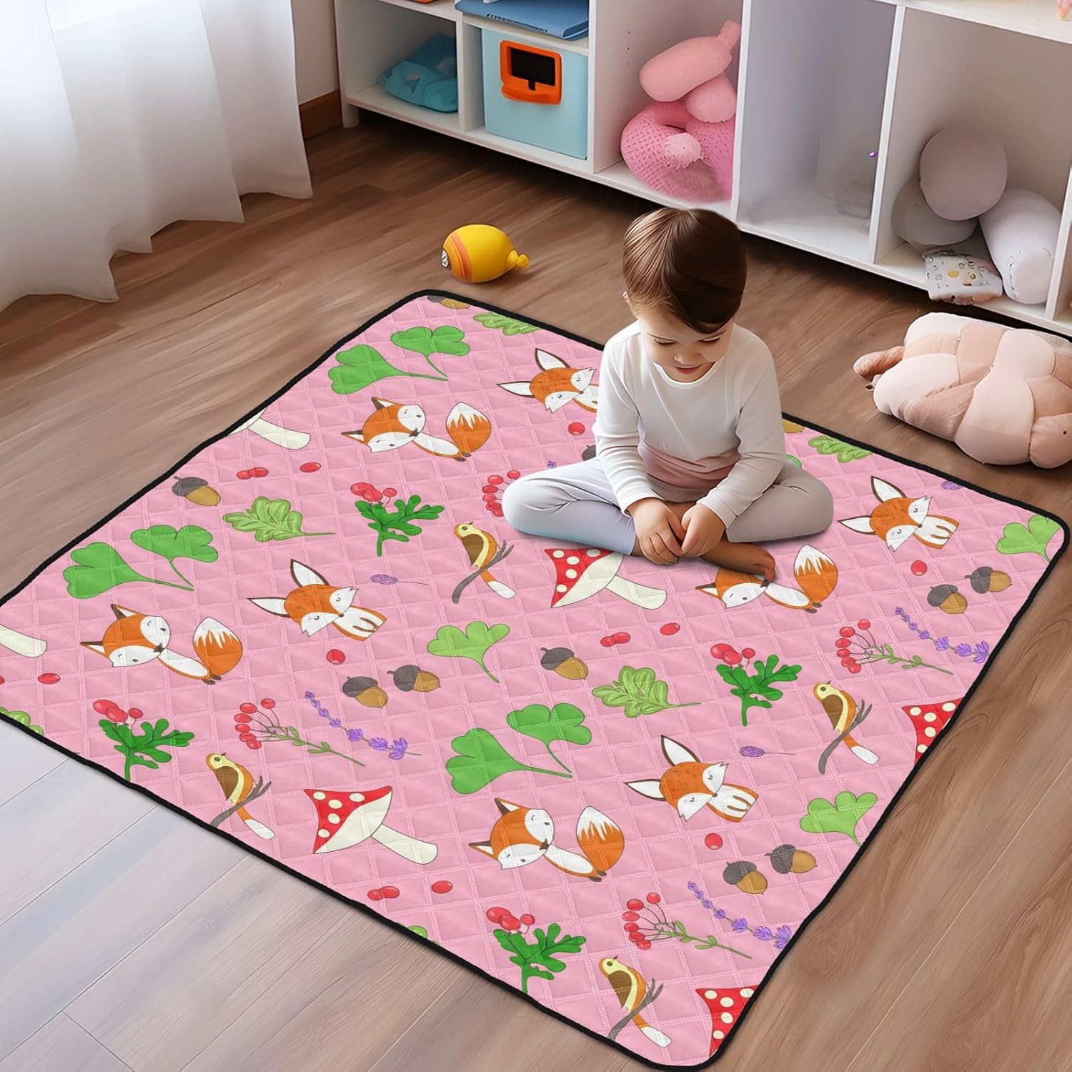 Doodle Acorns & Foxes Baby Play Mat, 50“ X 50” Washable Folding Crawling Mat, Baby Floor Mat, Soft, Non-Slip