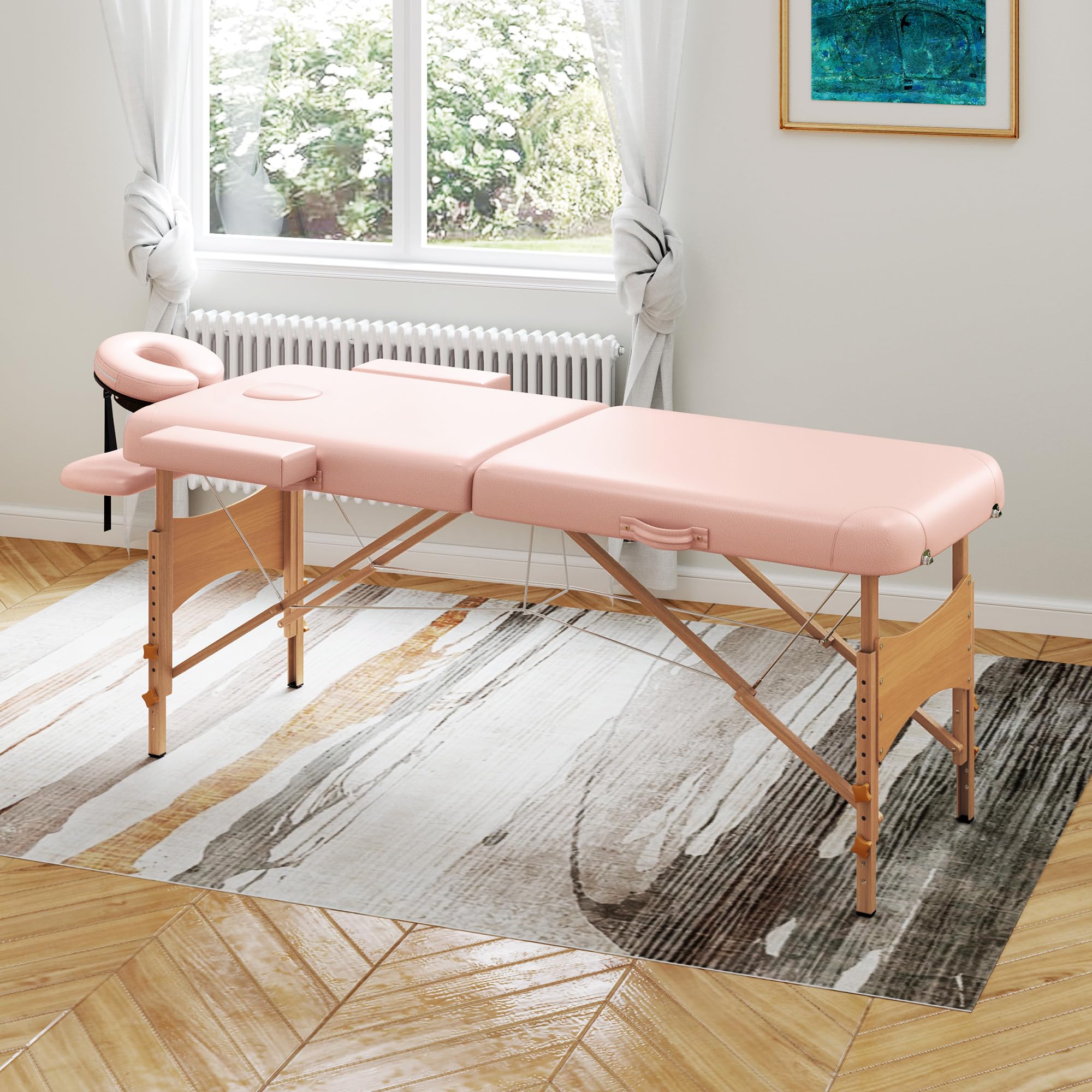 HOMCOM Camilla de Masaje Plegable 210x81 cm Camilla Estética Profesional con Reposacabezas Extraíble 2 Zonas Asa y Marco de Madera con Altura Regulable y Bolsa de Transporte Rosa