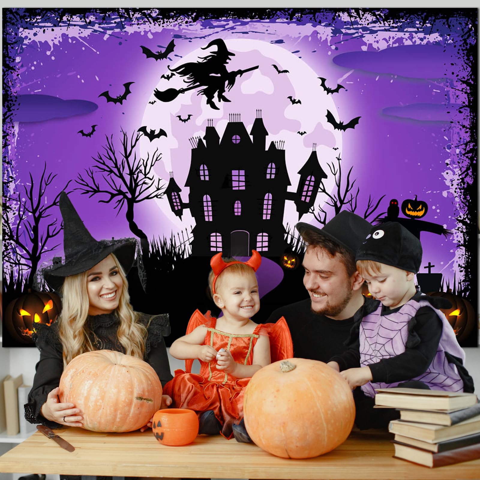 Avezano Halloween-Fotohintergrund – Grusel-Mond Mit Schloss & Kürbissen, 2,1x1,5 M, Aus Vinyl