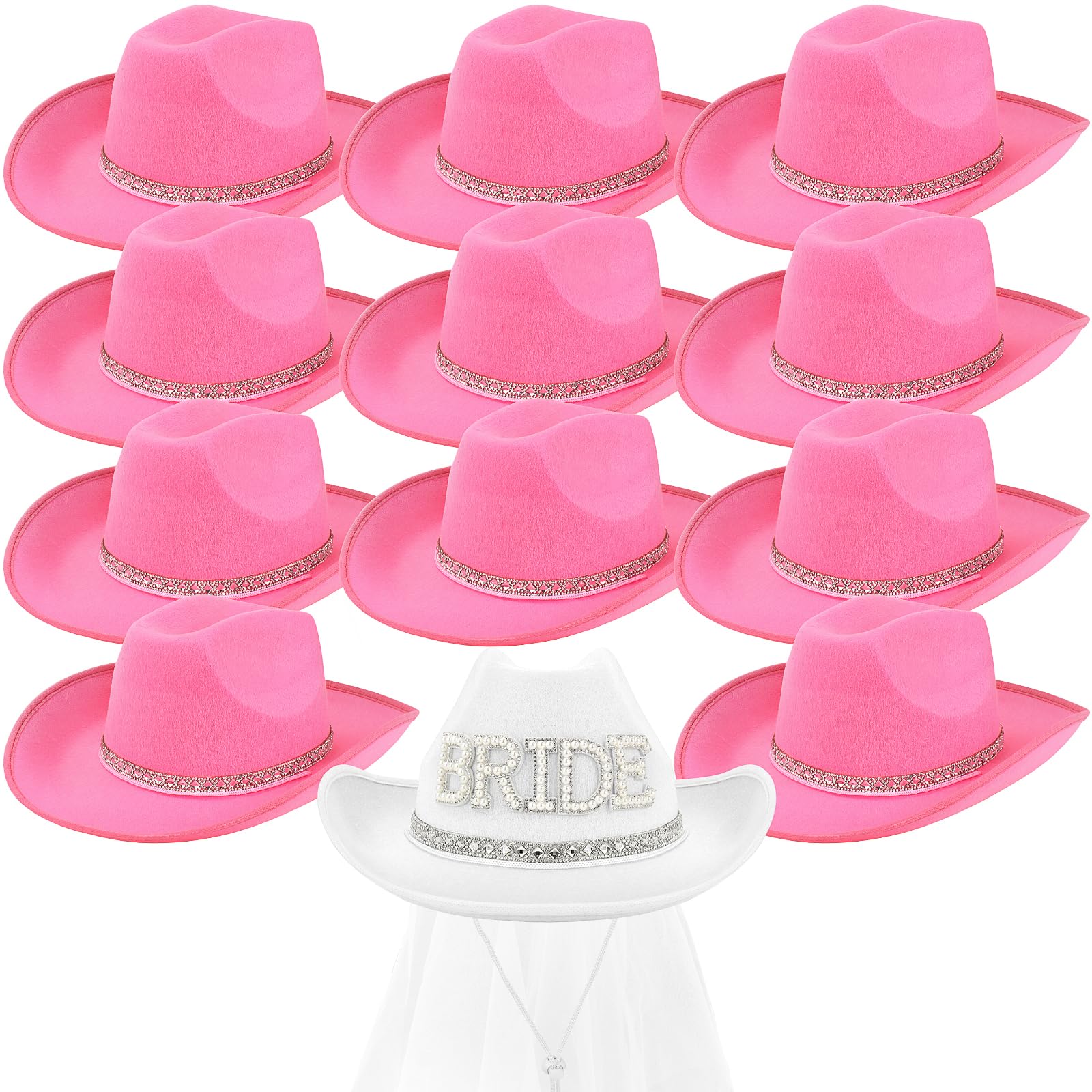 RWFMO 12 Pcs Pink Women Cowgirl Hats, Hen Party Cowboy Hat, Bachelorette Cowboy Hats with Adjustable Drawstring for Last Rodeo Bridal Shower (Pink, White)