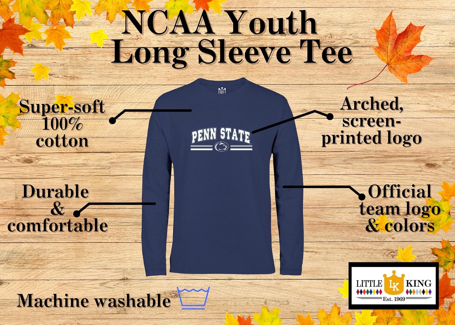 Little King NCAA Youth Boys Long Sleeve Tee-Arch/Stripes Logo-Penn State-Navy-Youth Large - Image 5