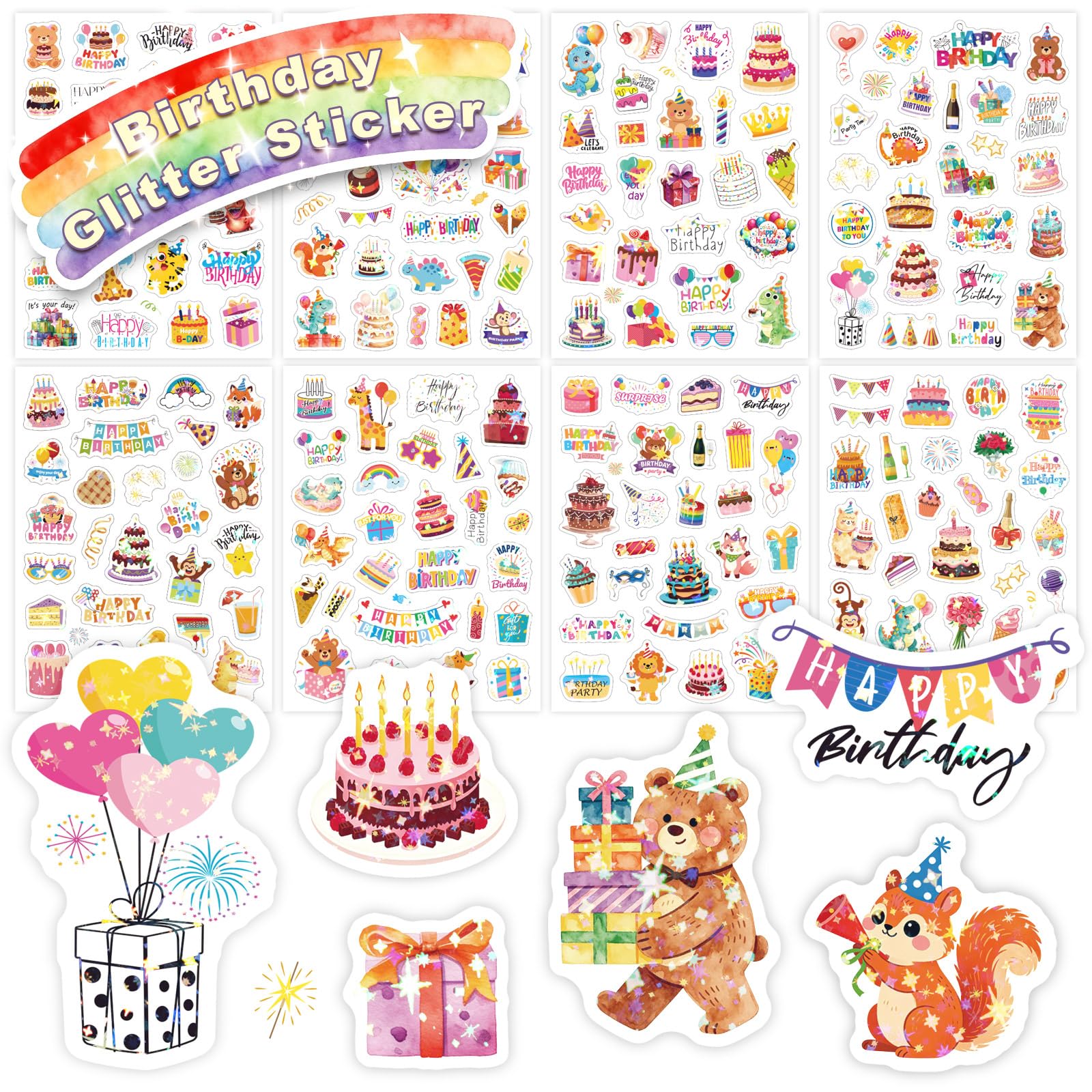 Birthday Stickers for Kids,8 PCS Happy Birthday Party Sticker Decals Waterproof Vinyl Stickers, Happy-Birthday Decals Supplies for Cards Decorations Balloon Cake Decal for Kids Adults