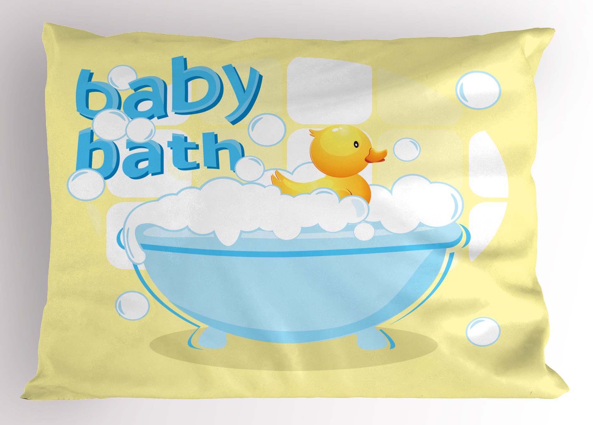 Lunarable Duckies Pillow Sham Rubber Duckling Swims in Freestanding Bathtub Filled with Bubbles Bath Toys Decorative Standard Size