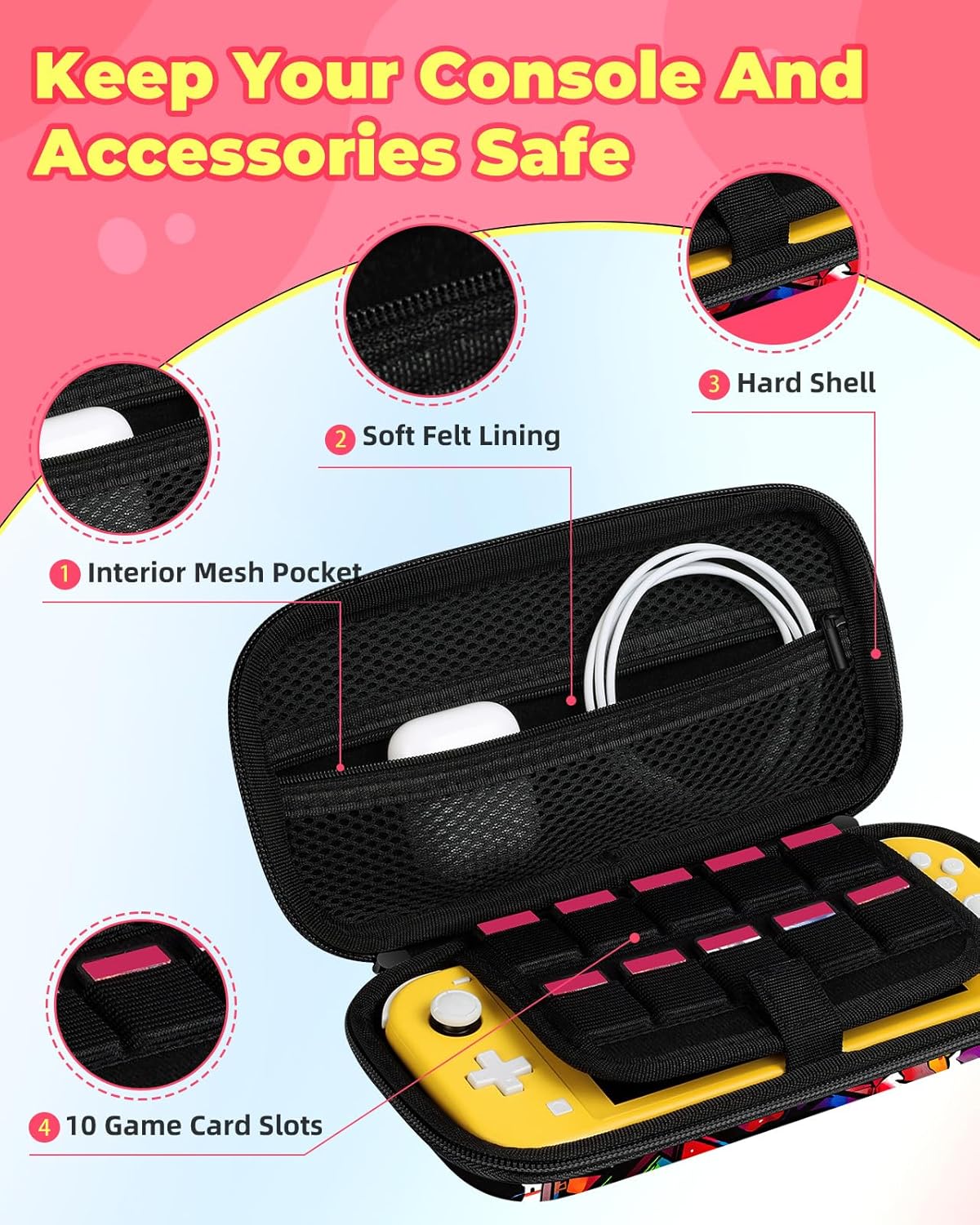 Xinocy Carrying Case for Nintendo Switch Lite 2019 Travel Carry Cases for Kids Boys Teen Girls Cute Kawaii Design Aesthetic Portable Hard Shell Covers Pouch Storage Bag for Nintendo Accessories - Image 3